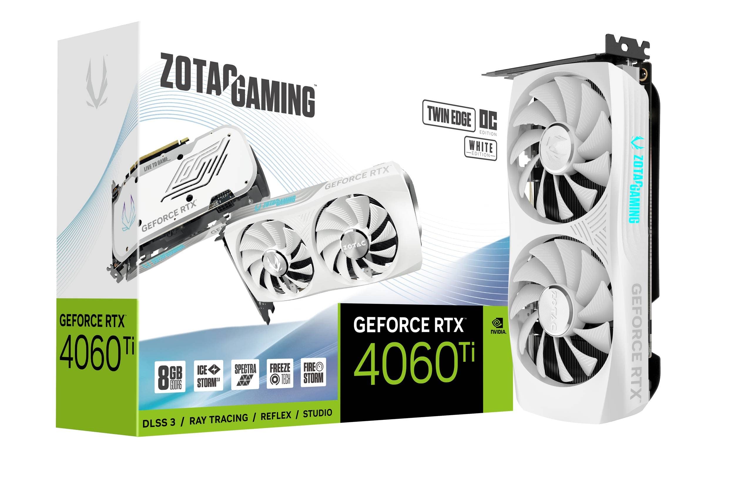 کارت گرافیک کوچک زوتاک Gaming GeForce RTX 4060 Ti 8GB Twin Edge OC White Edition DLSS 3 با ظرفیت 8GB GDDR6 و 128 بیت 18 گیگابایت بر ثانیه PCIE 4.0، با طراحی لبه‌های دوتایی، فناوری خنک‌کننده پیشرفته‌ی IceStorm 2.0، نورپردازی RGB Spectra و کد محصول ZT-D40610Q-10M