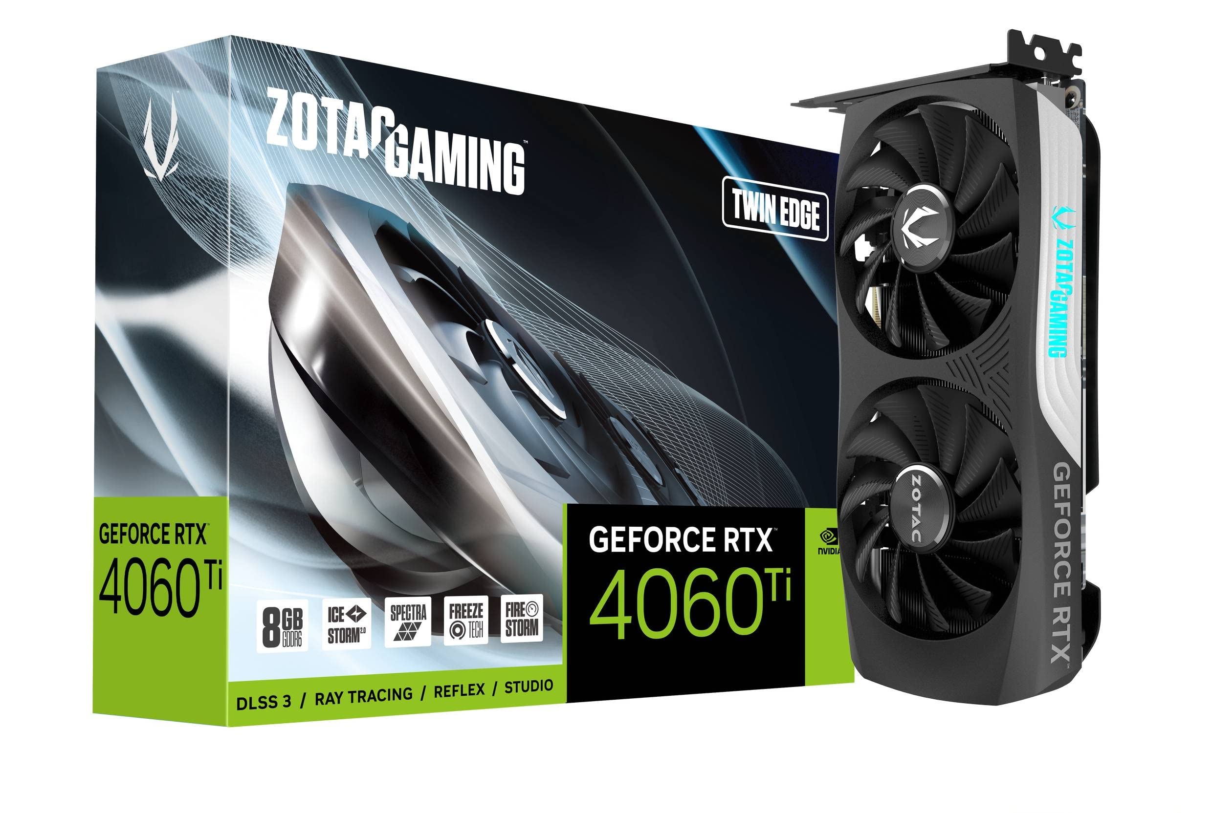 کارت گرافیک بازی کامپیوتری ZOTAC Gaming GeForce RTX 4060 Ti 8GB Twin Edge DLSS 3 با حافظه 8GB GDDR6 128-bit 18 Gbps PCIE 4.0، با قابلیت Compact Gaming Card، پیکربندی IceStorm 2.0 Advanced برای خنک کردن، روشنایی Spectra RGB، کد محصول ZT-D40610E-10M.