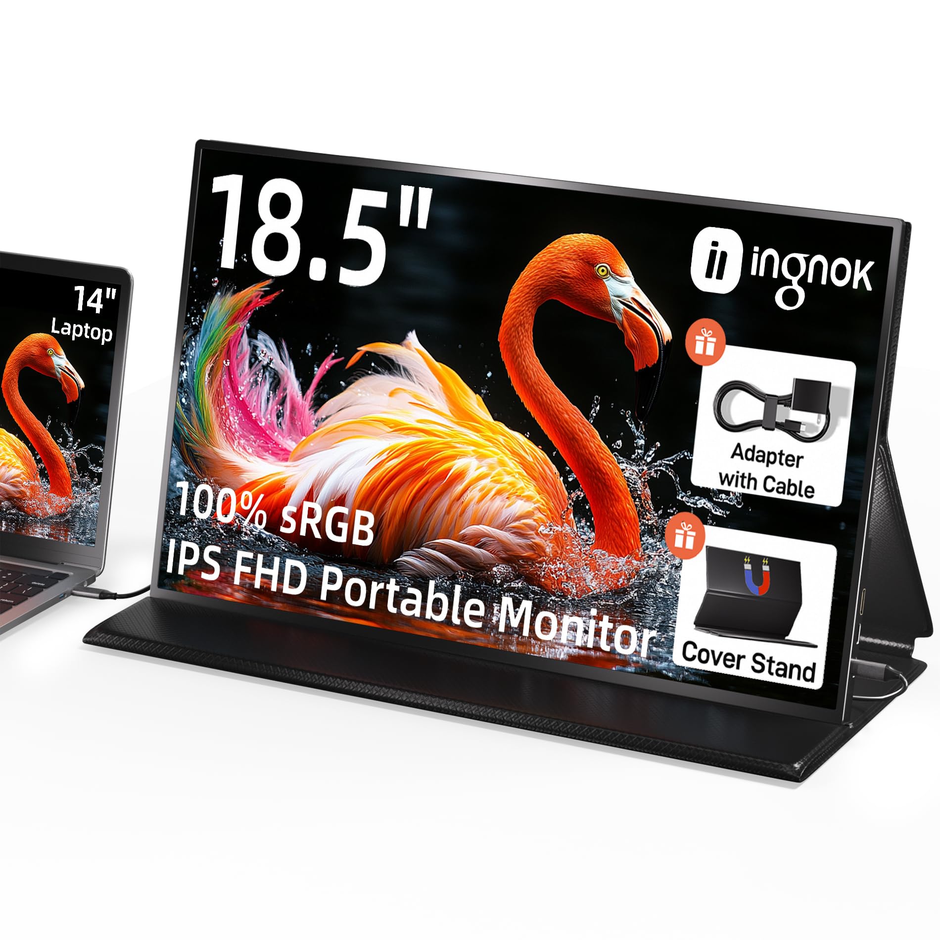 مانیتور قابل حمل اینگنوک 18.5 اینچ، صفحه نمایش لپ تاپ 100٪ sRGB FHD اکستندر HDMI USB C مانیتور گیمینگ قابل حمل با کاور هوشمند و بلندگوها، مانیتور خارجی برای لپ تاپ مک و کامپیوتر شخصی رنگ مشکی 18.5 اینچ