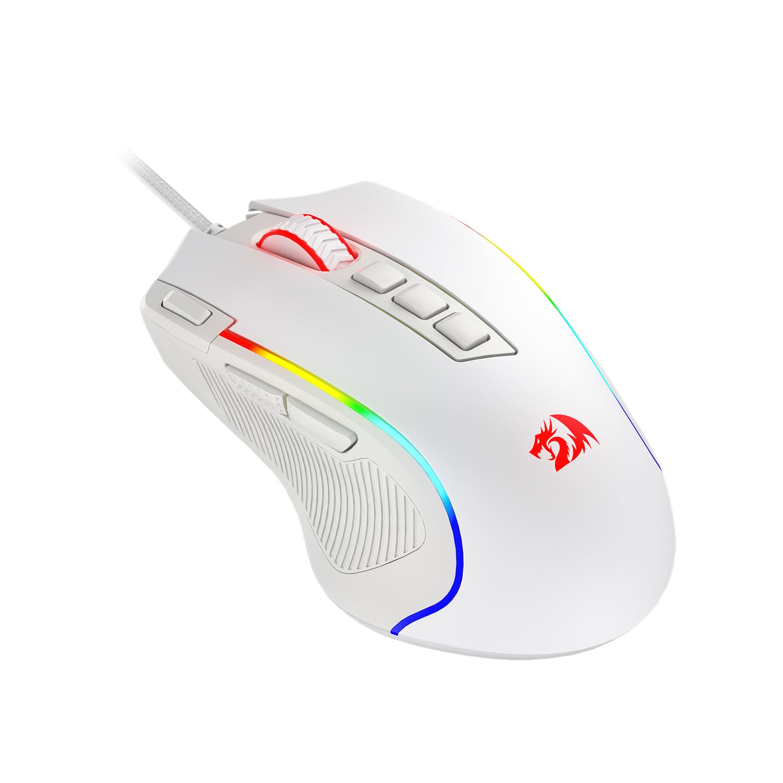 ماوس بازی Redragon M612 Predator RGB، با قابلیت تنظیم 8000 نقطه در اینچ (DPI)، با 11 دکمه قابل برنامه‌ریزی و 5 حالت نورپردازی پشتیبانی از دکمه Rapid Fire، نرم‌افزار با قابلیت پشتیبانی از تنظیمات کلیدهای DIY، سفید و مدرن است.