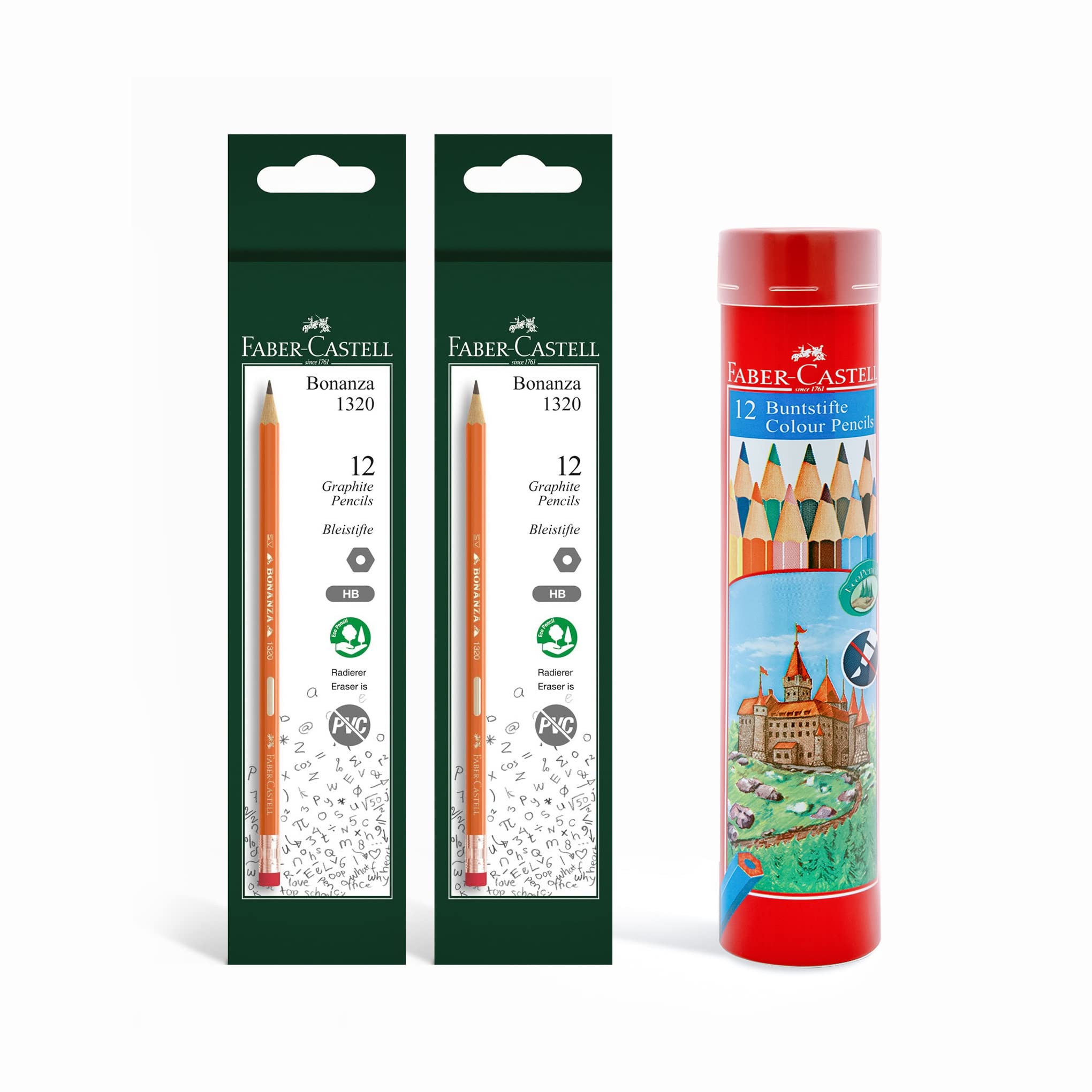 مداد رنگی کلاسیک Faber-Castell Round Tin با 12 رنگ + مداد گرافیتی Bonanza با نوک پاک‌کن 24 عدد (کیفیت باستانی)
