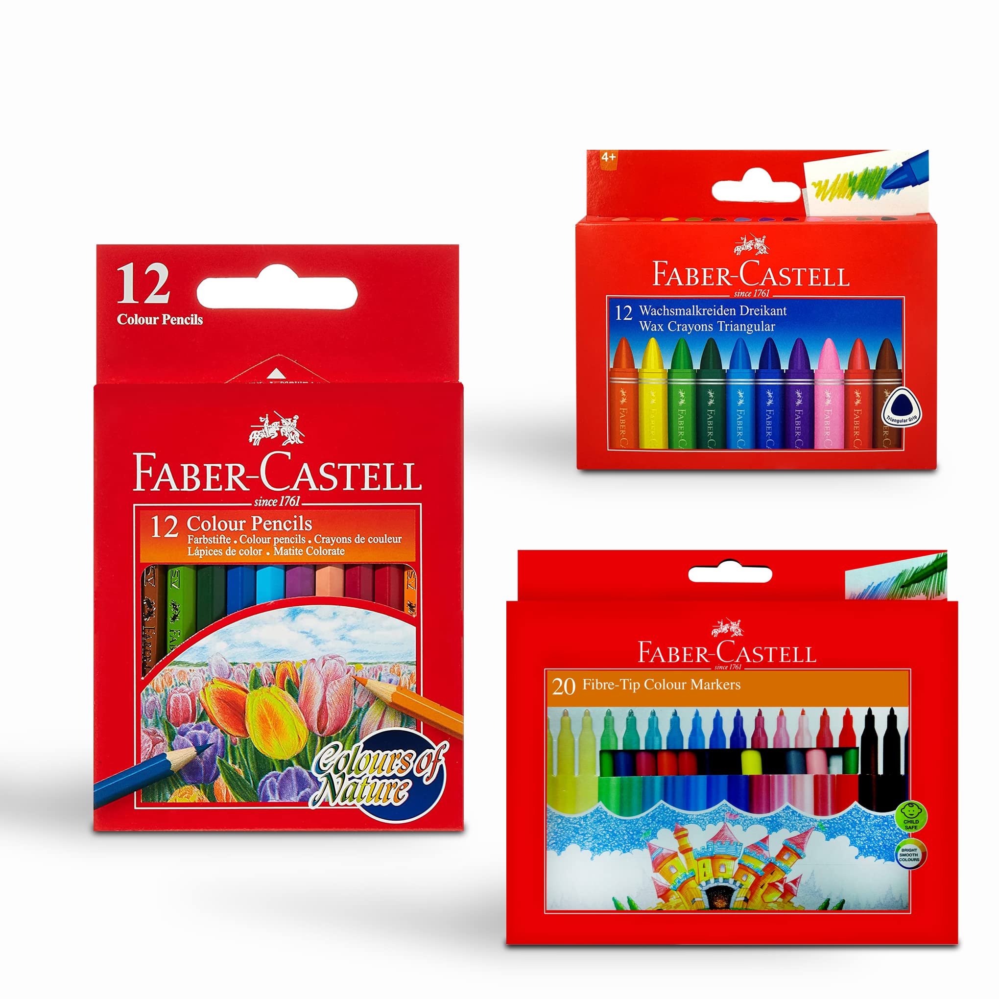 مداد نازک قابل شستشوی Faber-Castell 20 رنگ + مداد مومی مثلثی 90 میلیمتری 12 رنگ + مداد رنگی 12 رنگ (مجموعه کمبو رنگ آمیزی)