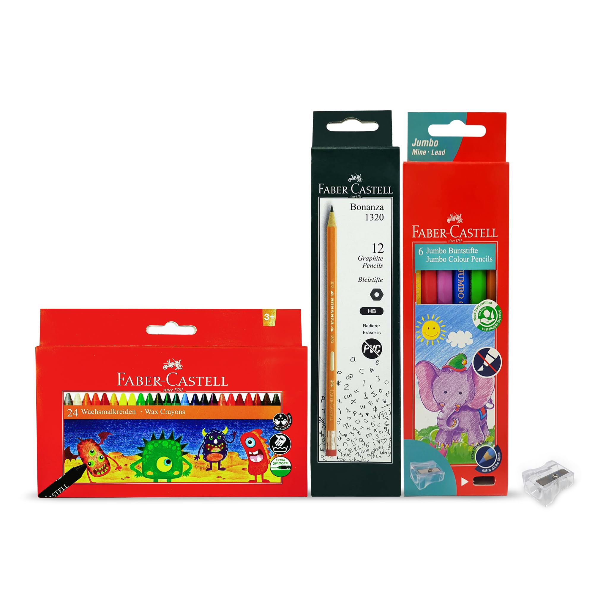 مداد رنگی قابل شستشوی Faber-Castell 24 رنگ 90 میلیمتر + مداد رنگی جامبو 6 رنگ 6 میلیمتر سر شمعی + مداد گرافیت با نوک پاک کننده 12 عدد