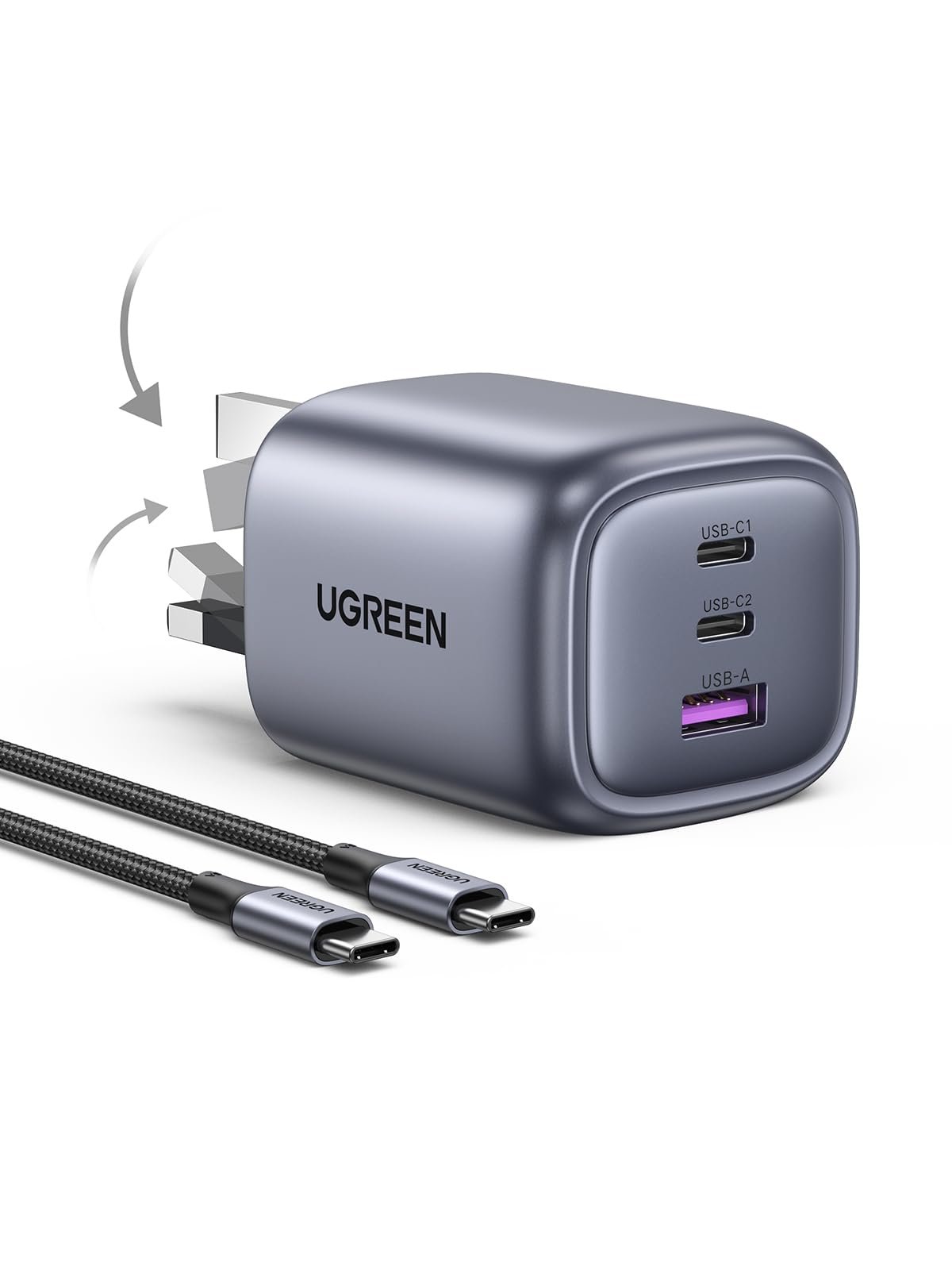 شارژر UGREEN Nexode 65W 3-Port Type C با کابل 100W، پلاگین دیواری قابل‌تاشوی USB-C با شارژ سریع، آداپتور شارژ لپتاپ GaN سازگار با MacBook Air، HP/Dell/Lenovo، iPhone 17 Pro Max، Galaxy S24U 65W با کابل