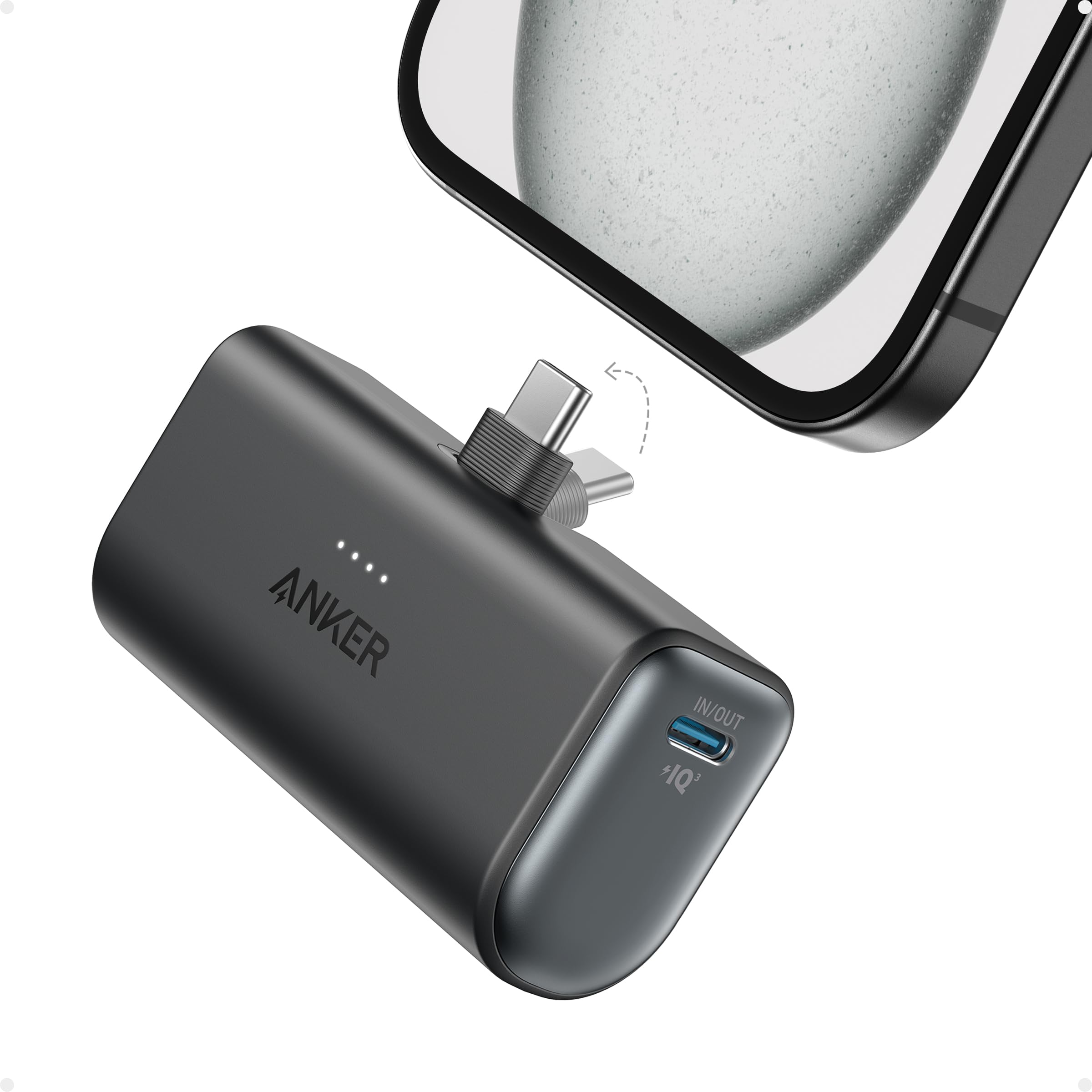پاور بانک Anker Nano، شارژر قابل حمل Mini با کانکتور USB-C قابل تاشه شو داخلی، باتری 5،000 میلی آمپر ساعت 22.5 وات، برای آیفون سری 16/15، سامسونگ، هوآوی، آیپد، ایرپاد، شیائومی، ویوو، اپو و دیگر مدل‌ها سنگ سیاه