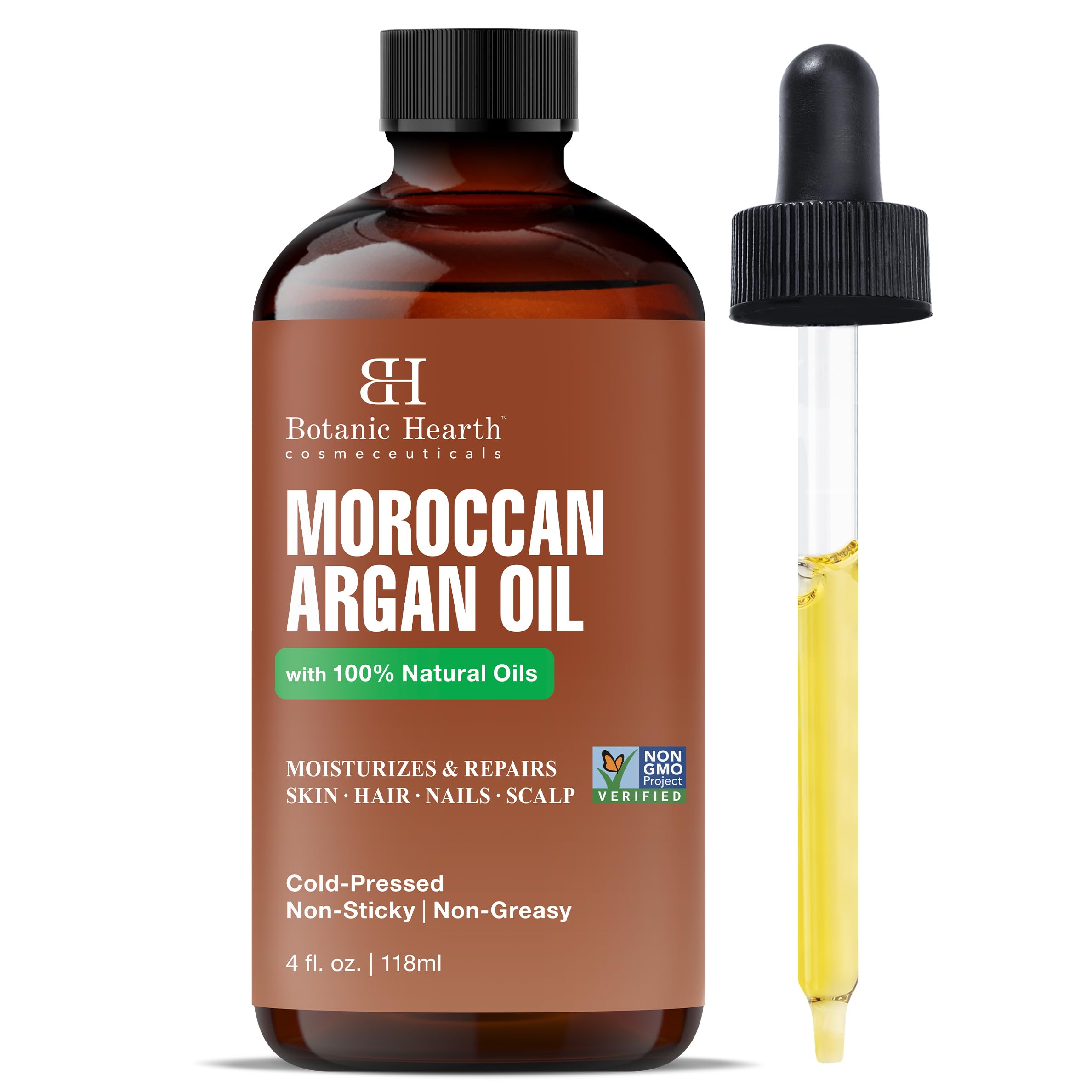روغن مو Botanic Hearth آرگان مراقبتی | ۱۱۸ میلی‌لیتر | برای ترطیب، تغذیه، تقویت، موهای پرچمی، پرریز، خشک و آسیب‌دیده بزرگسالان، تایید شده غیر اصلاح ژنتیکی