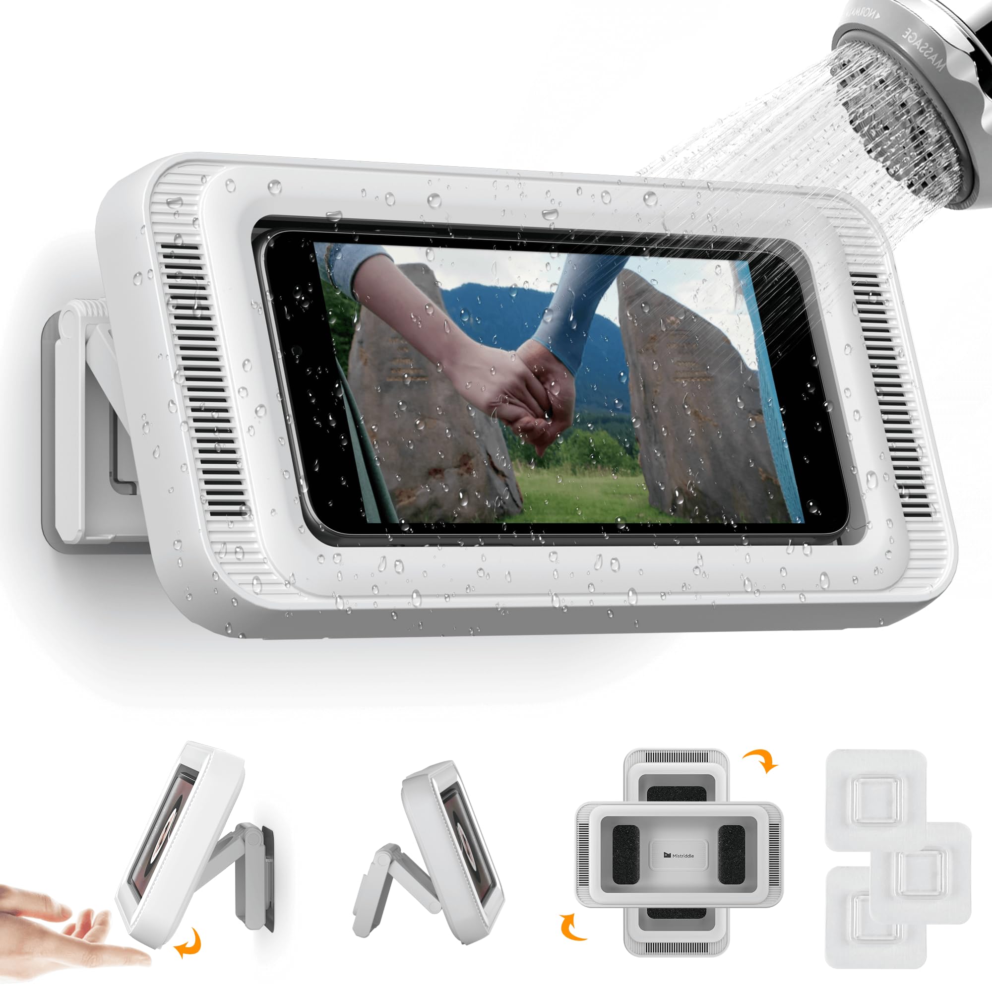 Mistriddle 360° Rotation Waterproof Shower Phone Holder, Adjustable Angle, Enhanced Sound Quality, Wall Mounted Phone Holder for Bathroom, Mirror, Bathtub, Kitchen, Up to 7" (White) White Up to 7 Inch
