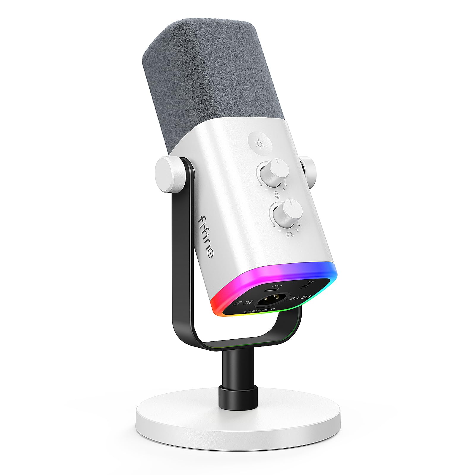 میکروفون بازی FIFINE XLR/USB برای استریمینگ پادکست، کامپیوتر رایانه ای RGB برای PS4/PS5، با دکمه ی تنظیم گین، قطع صدا میکروفون، جک مانیتورینگ، میکروفون گیمر برای ضبط ویدیو ایجاد نما-AM8 سفید، AM8W