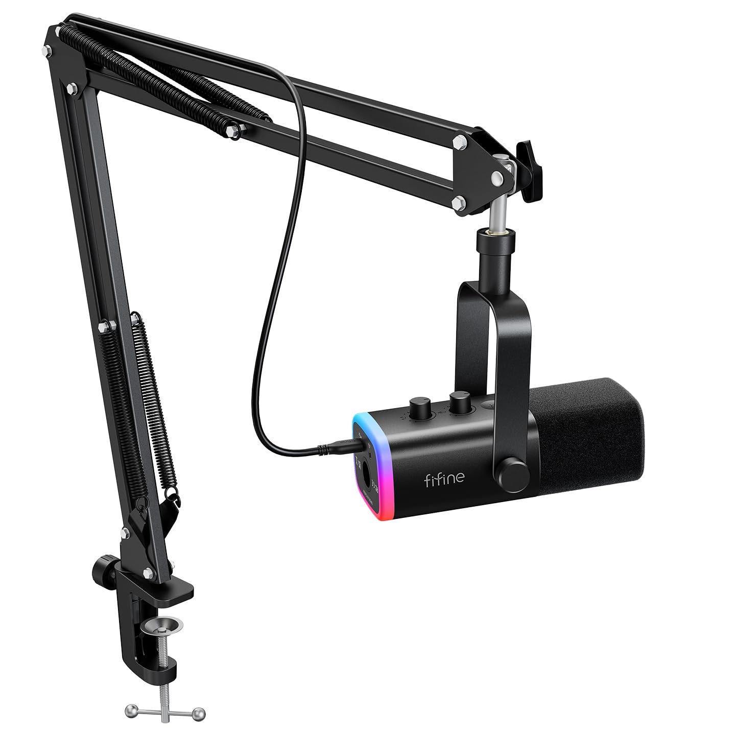 ست FIFINE XLR/USB مجموعه میکروفون بازی، میکروفون پویا PC برای استریمینگ پادکست، کیت میکروفون RGB کامپیوتر با بازو برای نصب، دکمه بی صدا، درگاه هدفون، برای ضبط صدای صوتی‌مفاصله-گیر AM8T سیاه