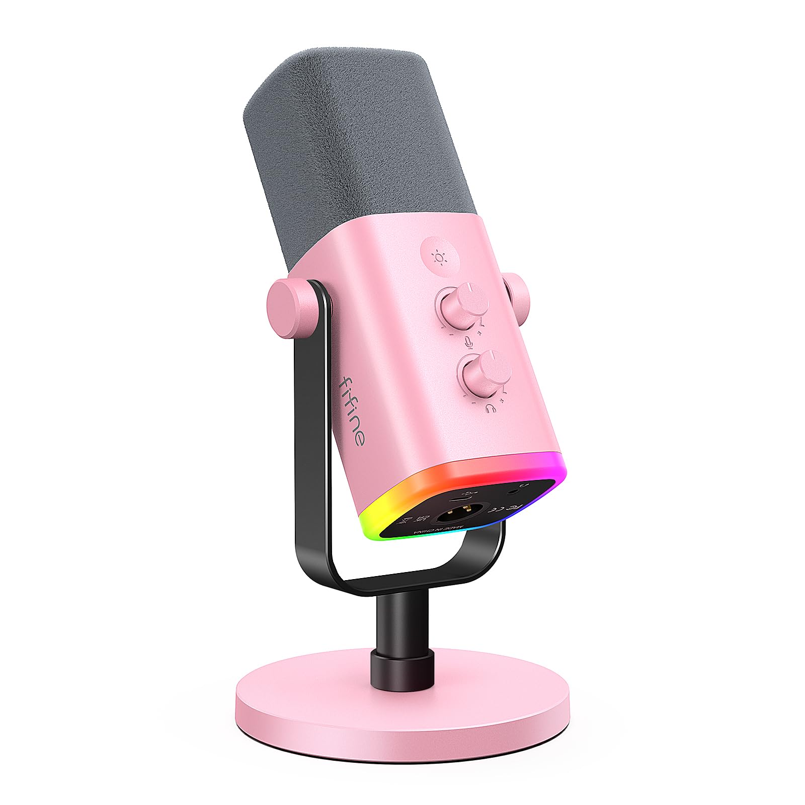 میکروفون FIFINE XLR/USB، ضبط بازی و کامپیوتر با جک هدفون، دکمه سکوت، RGB پویا برای کامپیوتر/پلی‌استیشن۴/پلی‌استیشن۵، استریمینگ برای پادکست، ویس اور، ویدیوی یوتیوب - آمپلی‌گیم AM8 صورتی