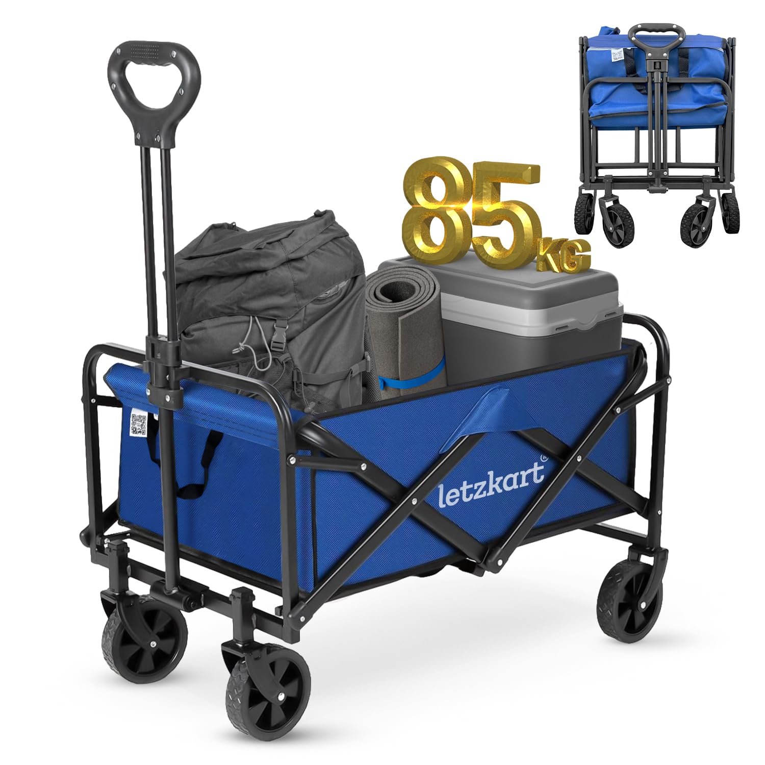 Letz Kart Trolley Heavy-Duty Foldable | 85kg Capacity Wagon Trolley with Thick PE Fabric, 360° All-Terrain Wheels, Adjustable Handle | Ideal for the Beach, Shopping and Outdoor (Blue)