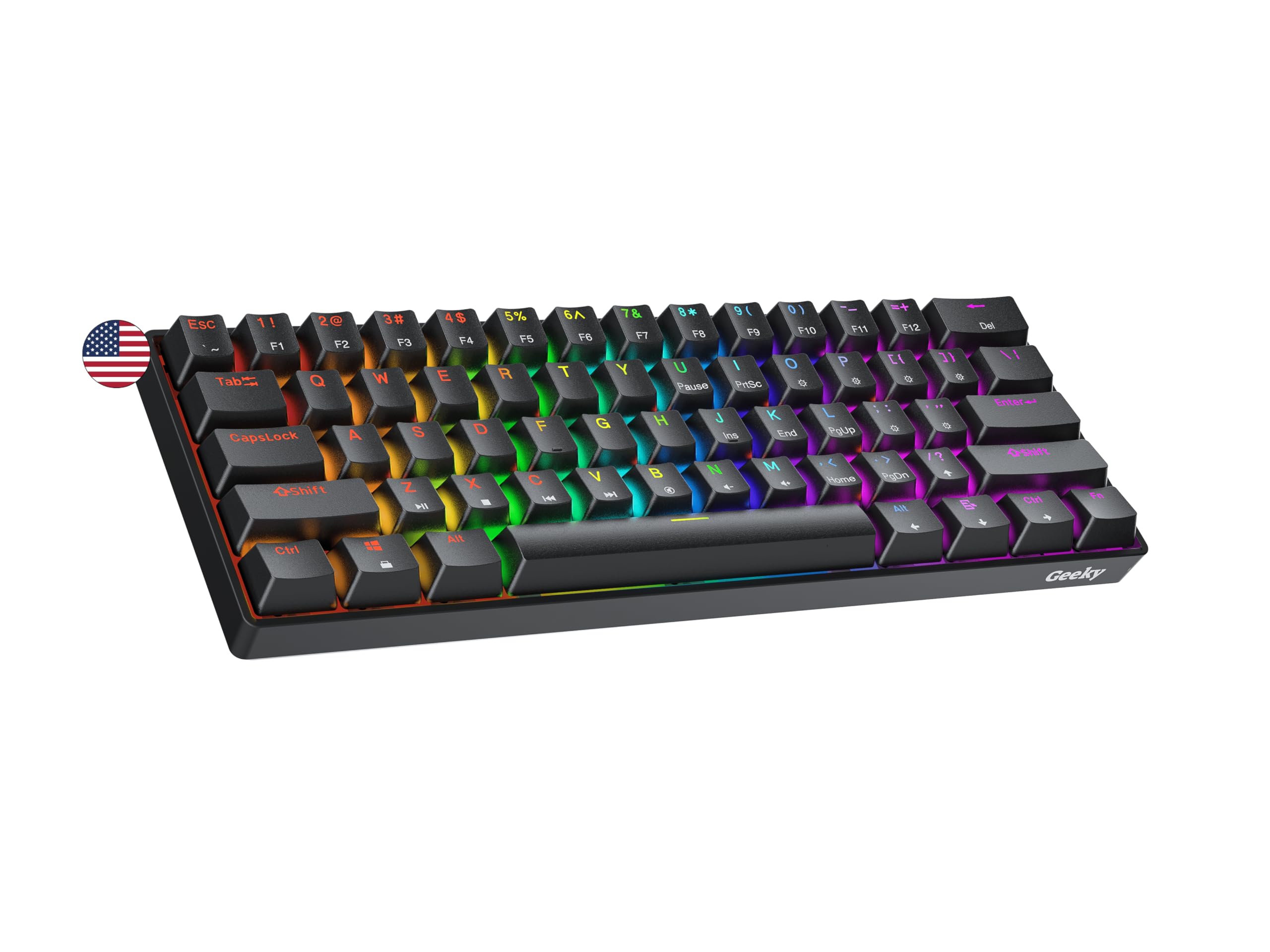 کیبورد بازی مکانیکی Geeky GK61 SE 60٪، دارای 61 کلید و نور پس زمینه چند رنگ RGB LED برای گیمرهای PC/Mac، طرح ANSI US آمریکایی (مشکی، مکانیکی برنزی) با سوئیچ قهوه ای برنزی