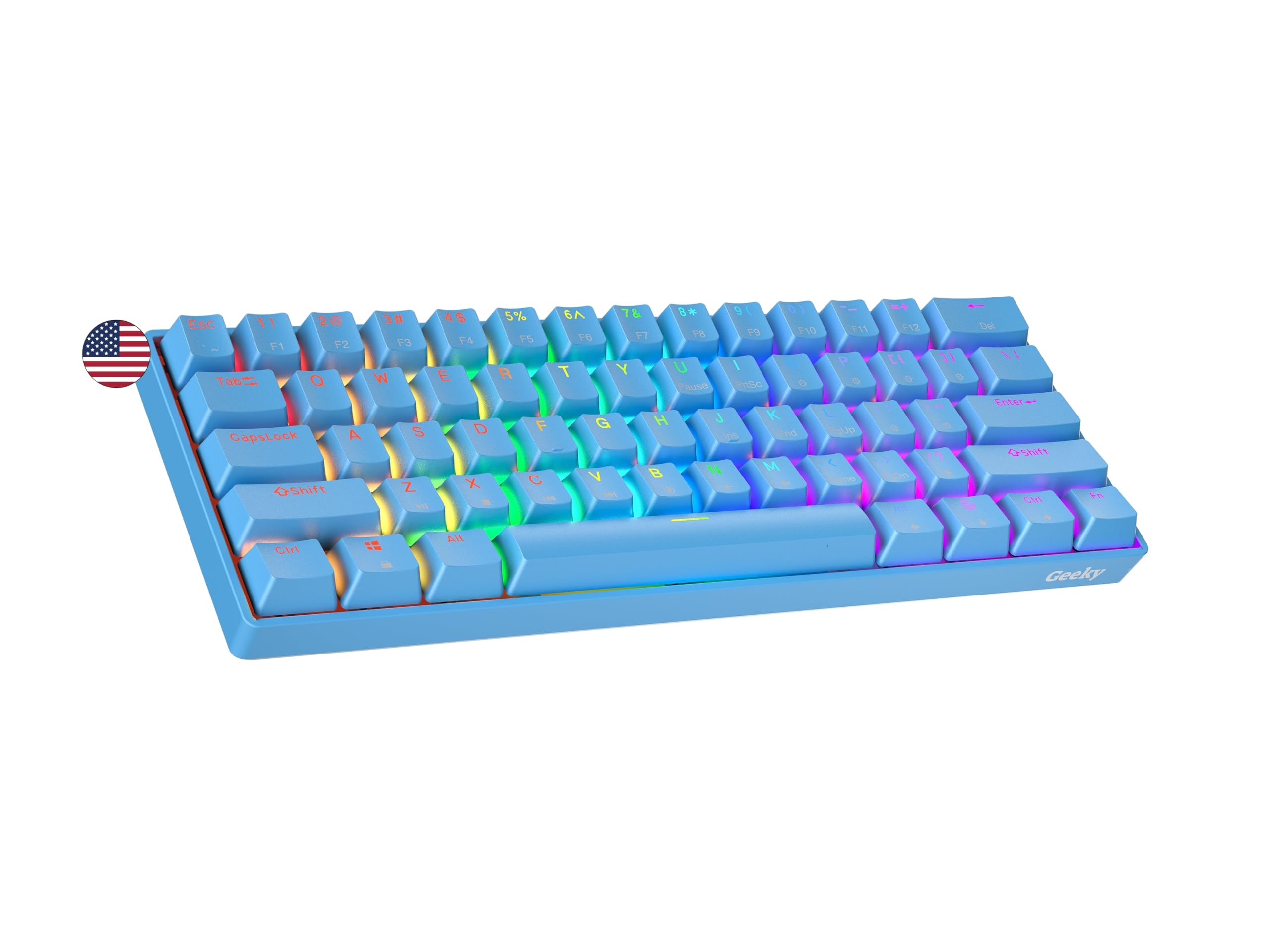 کیبورد بازی مکانیکال Geeky GK61 SE 60٪، 61 کلیدهای چند رنگ RGB LED Backlight برای گیمرهای PC/Mac، طرح ANSI US امریکا (آبی، مکانیکال قهوه‌ای) سوییچ قهوه‌ای آبی