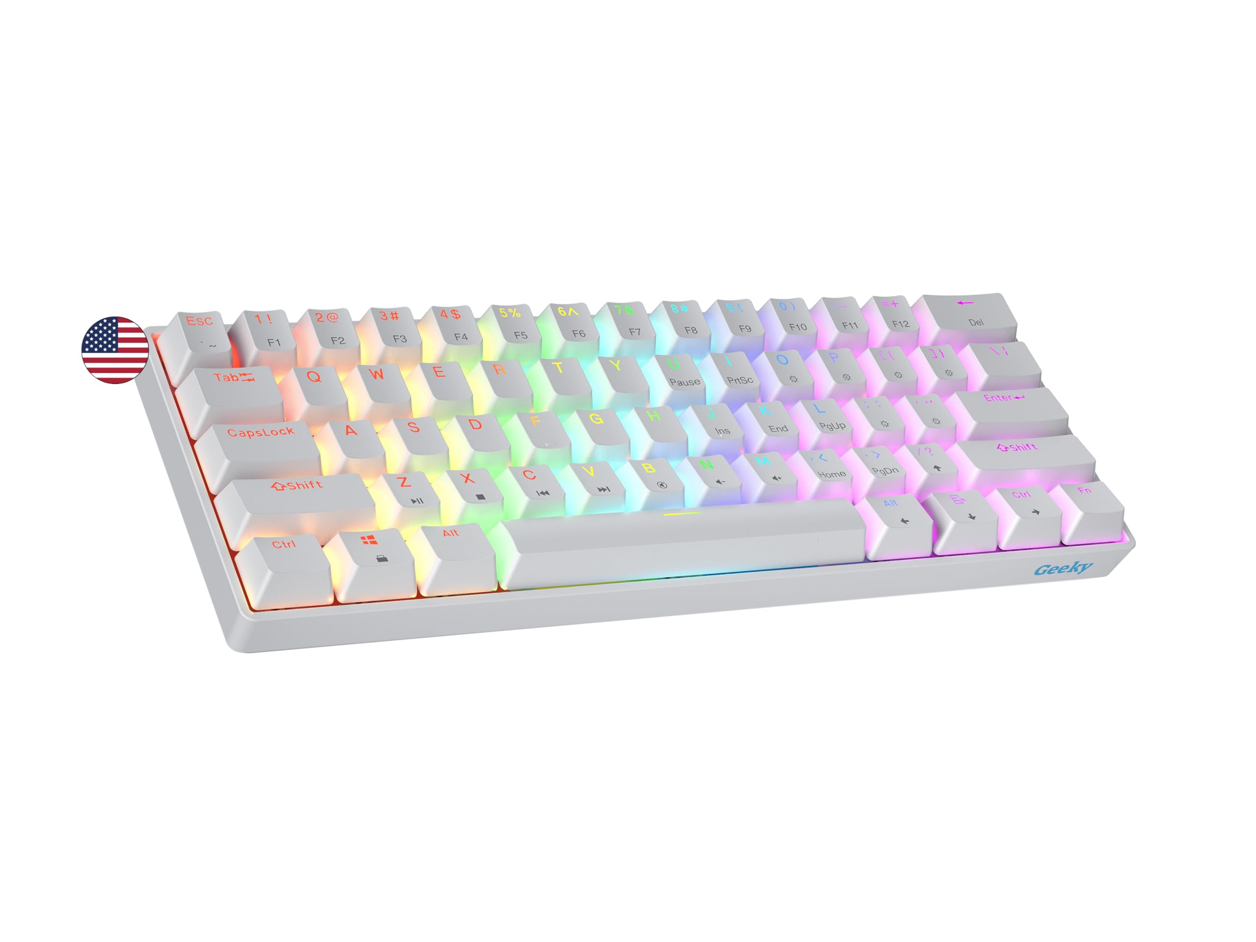 کیبورد بازی مکانیکی Geeky GK61 SE 60٪، 61 کلید با نور پس زمینه چند رنگ RGB LED برای گیمرهای PC/Mac، طرح آمریکایی ANSI US (سفید، مکانیکی آبی)، سوئیچ آبی سفید