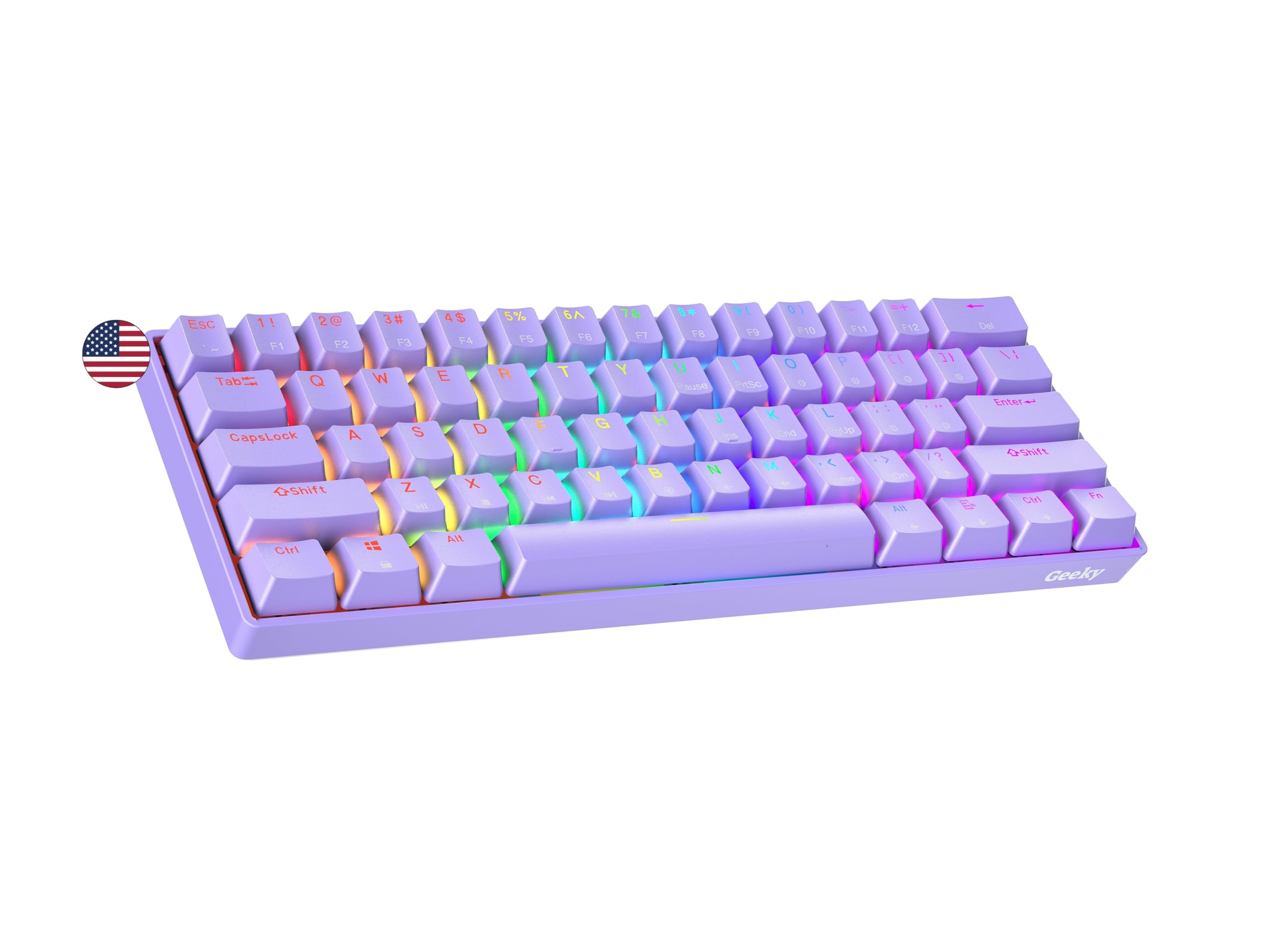 صفحه کلید بازی گیمینگ مکانیکی Geeky GK61 SE 60٪، 61 کلید چندرنگی RGB LED با نور پس‌زمینه برای گیمرهای PC/Mac، طرح انسی US آمریکایی (لاوندر، مکانیکی قهوه‌ای) سوییچ قهوه‌ایلاوندر