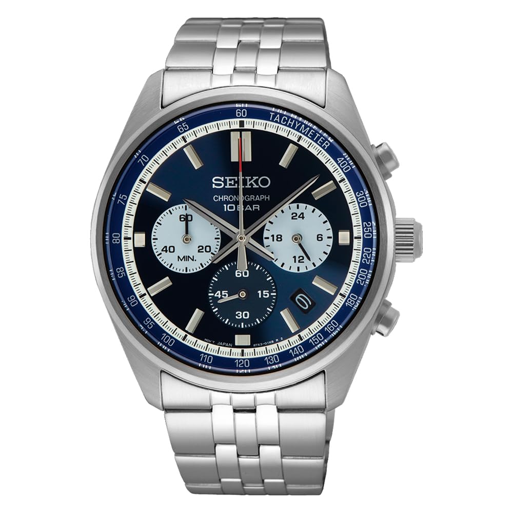 ساعت مچی مردانه انالوگ Seiko با صفحه نمایش سفید، بدنه از جنس استیل نقره‌ای و آبی