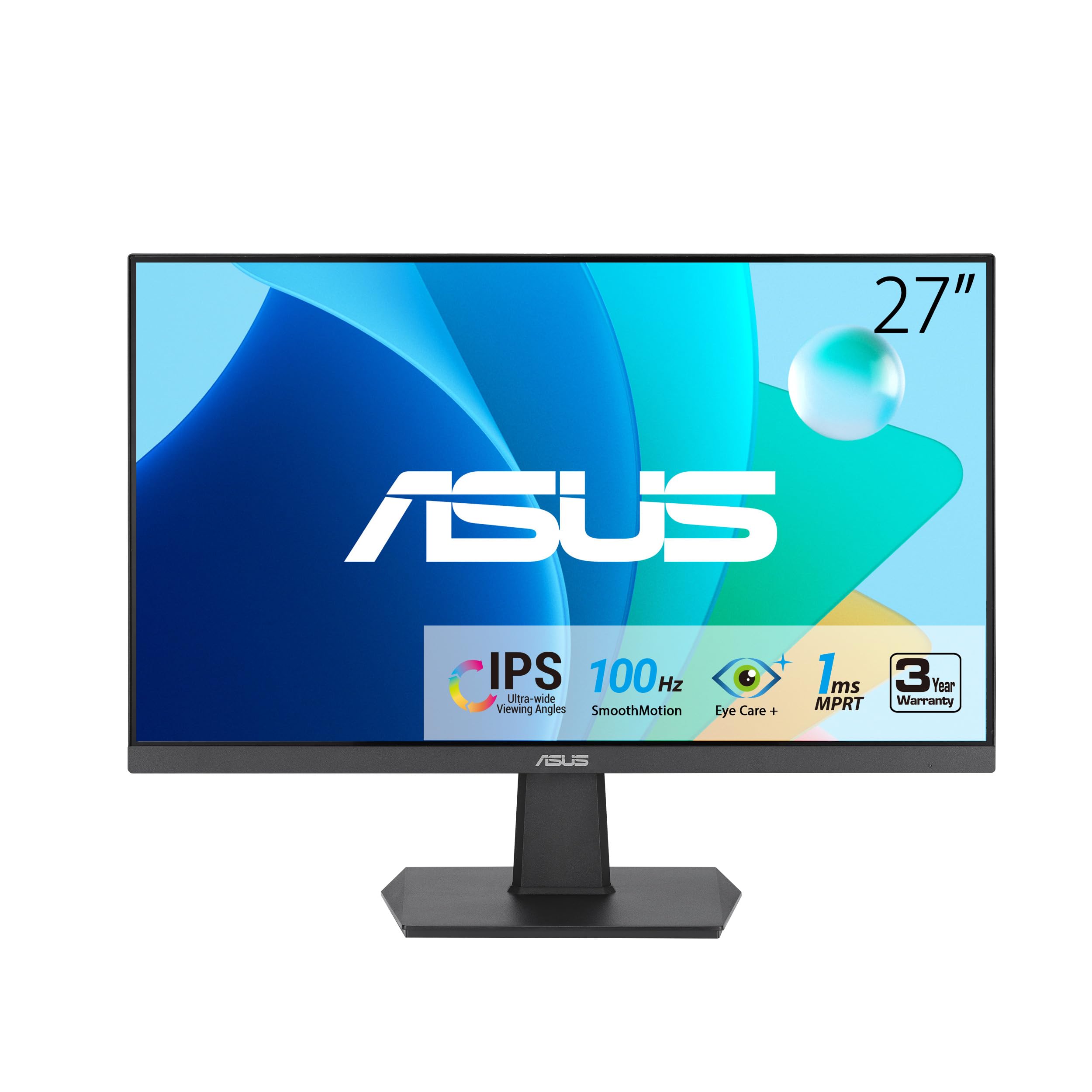 مانیتور LED ایسوس VA27EHF با اندازه 27 اینچ، رزولوشن 1920 در 1080 (Full HD 1080p)، IPS 1 میلی‌ثانیه، 100Hz، بدون حاشیه
