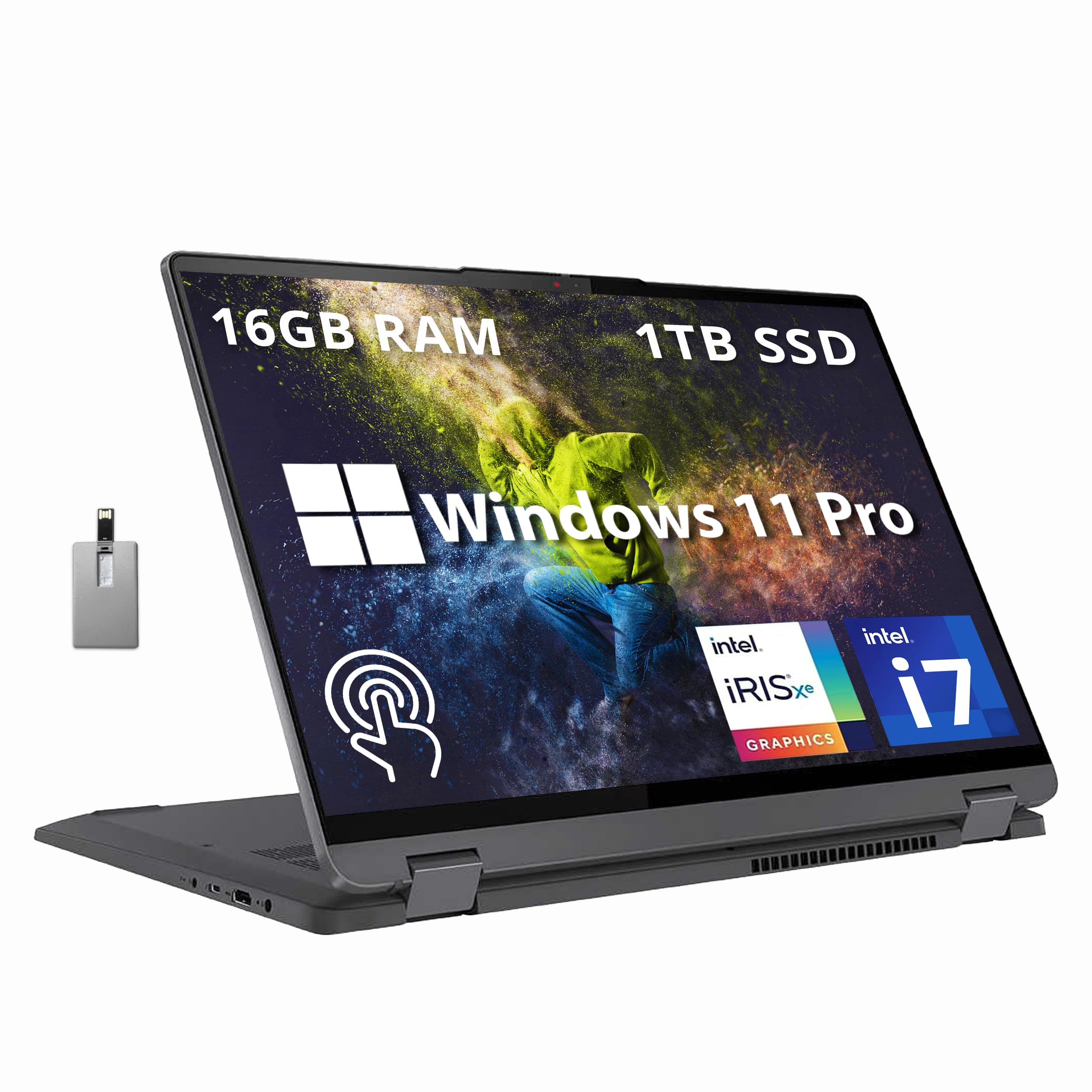 لپ‌تاپ لمسی Lenovo IdeaPad Flex 5 16 اینچ 2-in-1 با صفحه نمایش IPS 2.5K، پردازنده Intel Core i7-1255U، 16 گیگابایت رم، 1 ترابایت حافظه‌ی جامد، صفحه کلید با نور پس‌زمینه، خواننده اثر انگشت، ویندوز 11 Pro، رنگ Storm Grey، کارت USB Hotface 32 گیگابایت، رنگ خاکستری