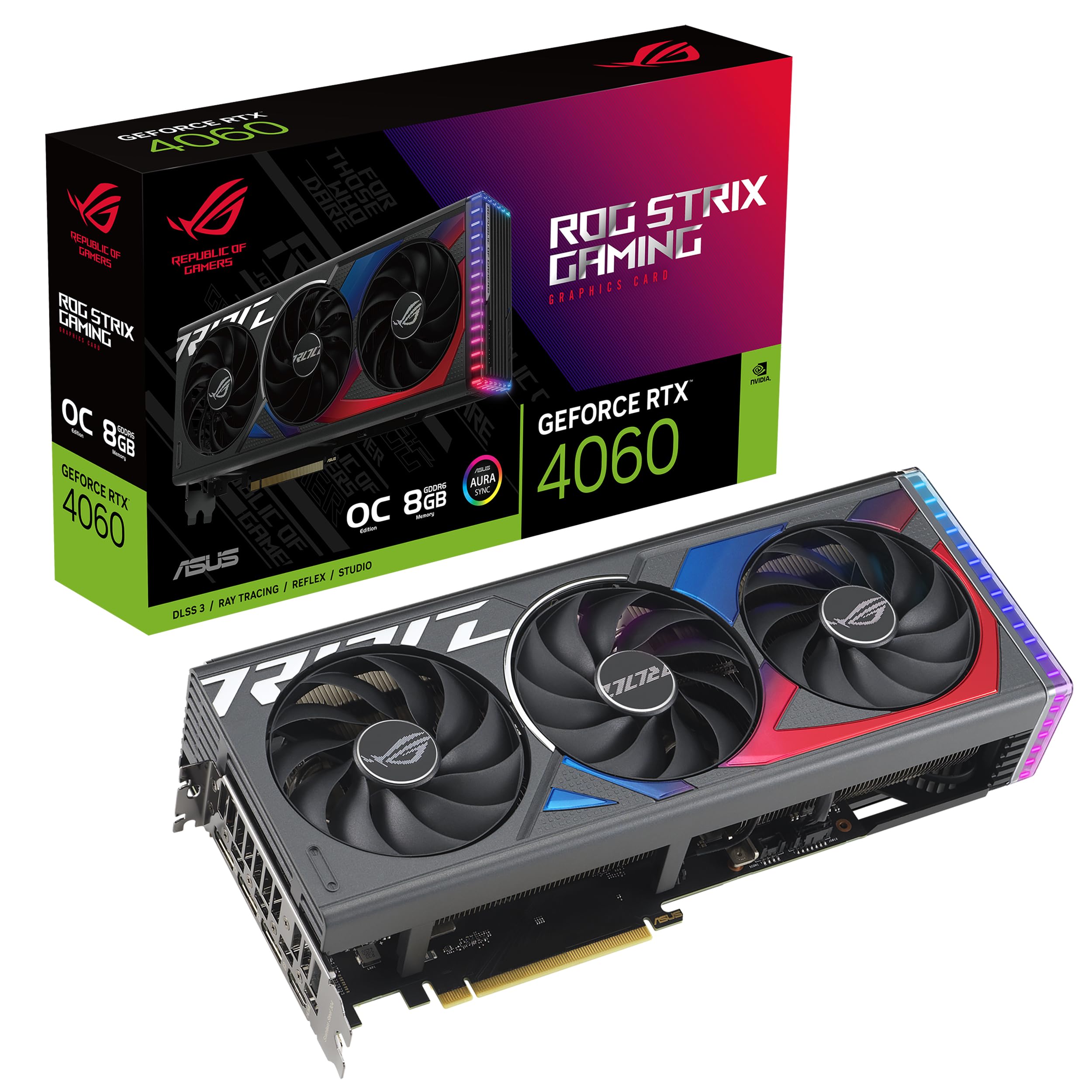 کارت گرافیک بازی ASUS ROG Strix GeForce RTX™ 4060 OC Edition (PCIe 4.0, 8GB GDDR6, DLSS 3, HDMI 2.1a, DisplayPort 1.4a, طراحی فن Axial-tech، سینک رنگ Aura، تکنولوژی 0dB) ROG Strix RTX4060|OC ‎ROG-STRIX-RTX4060-O8G-GAMING