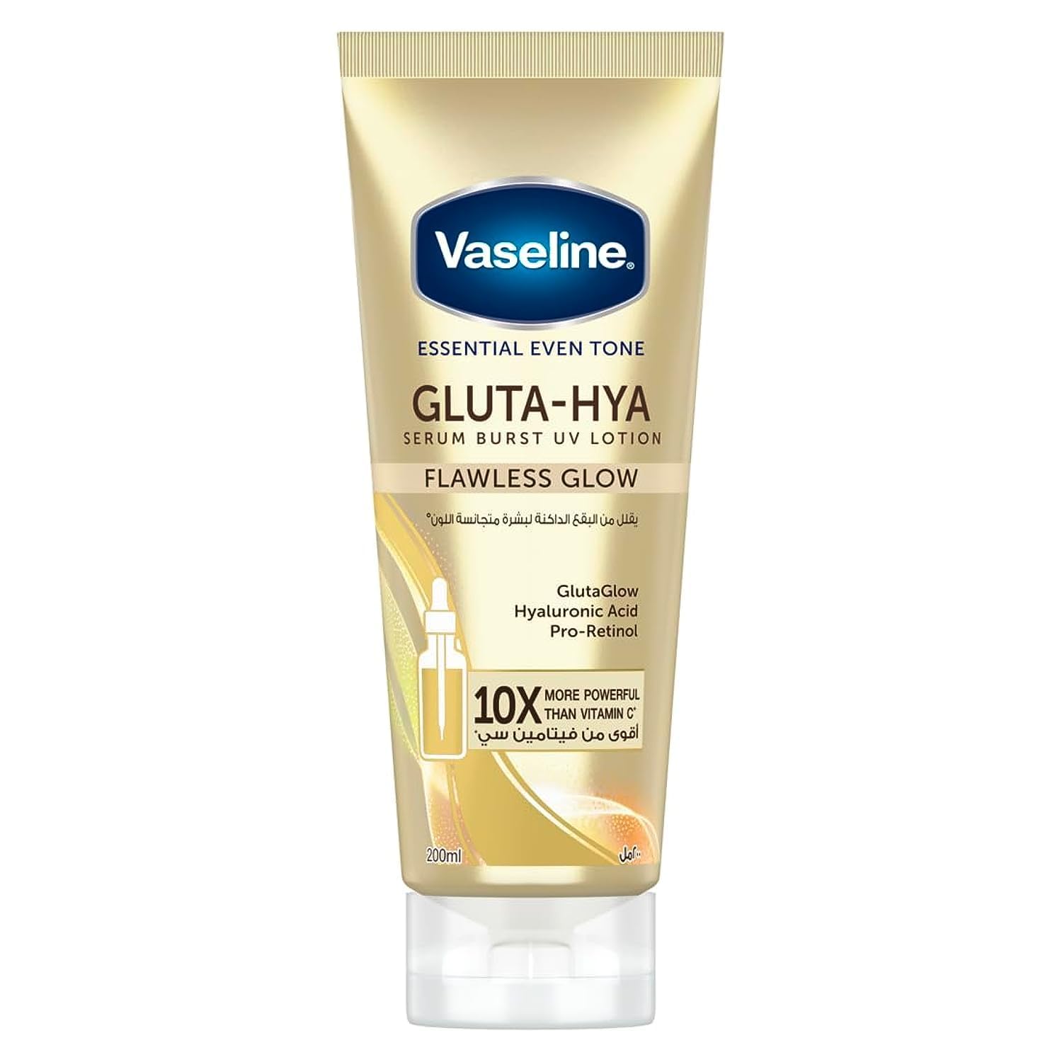 وازلین لوسیون بدن حتی رنگ Essential با ژله نفتی مرطوب کننده، درخشش بی‌نقص، سرم Gluta-Hya برجسته UV، 10X قوی‌تر از ویتامین C، 200 میلی لیتر