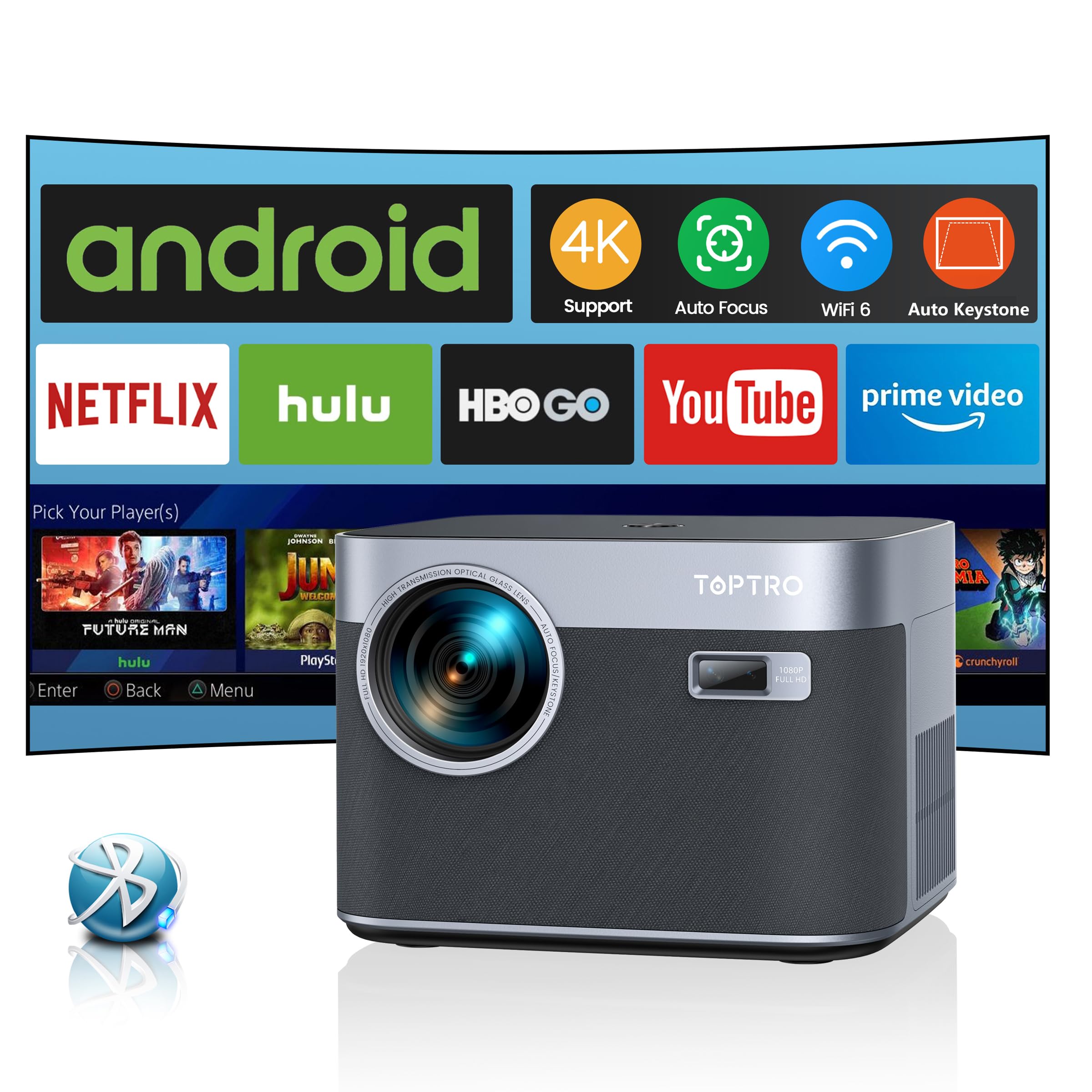 پروژکتور TOPTRO با فوکوس خودکار / Keystone، پشتیبانی از 4K، پروژکتور WiFi 6 با بلوتوث و تلویزیون اندروید و برنامه های داخلی، پروژکتور ویدئویی Full HD 1080P 600 ANSI با نمایش 300 اینچ، زوم 50٪ پروژکتور سینمای خانگی X7 سیاه