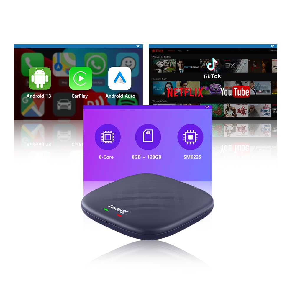 ترجمه: جعبه هوش مصنوعی CarlinKit CarPlay Ai Box Magic Box Android 13.0 سیستم بی‌سیم آداپتور CarPlay اندروید اتومبیل پشتیبانی Netflix YouTube Google GPS+Glonass شبکه ۴G برای آیفون و گوشی اندروید، از سیمی به بی‌سیم، ۸G+۱۲۸G