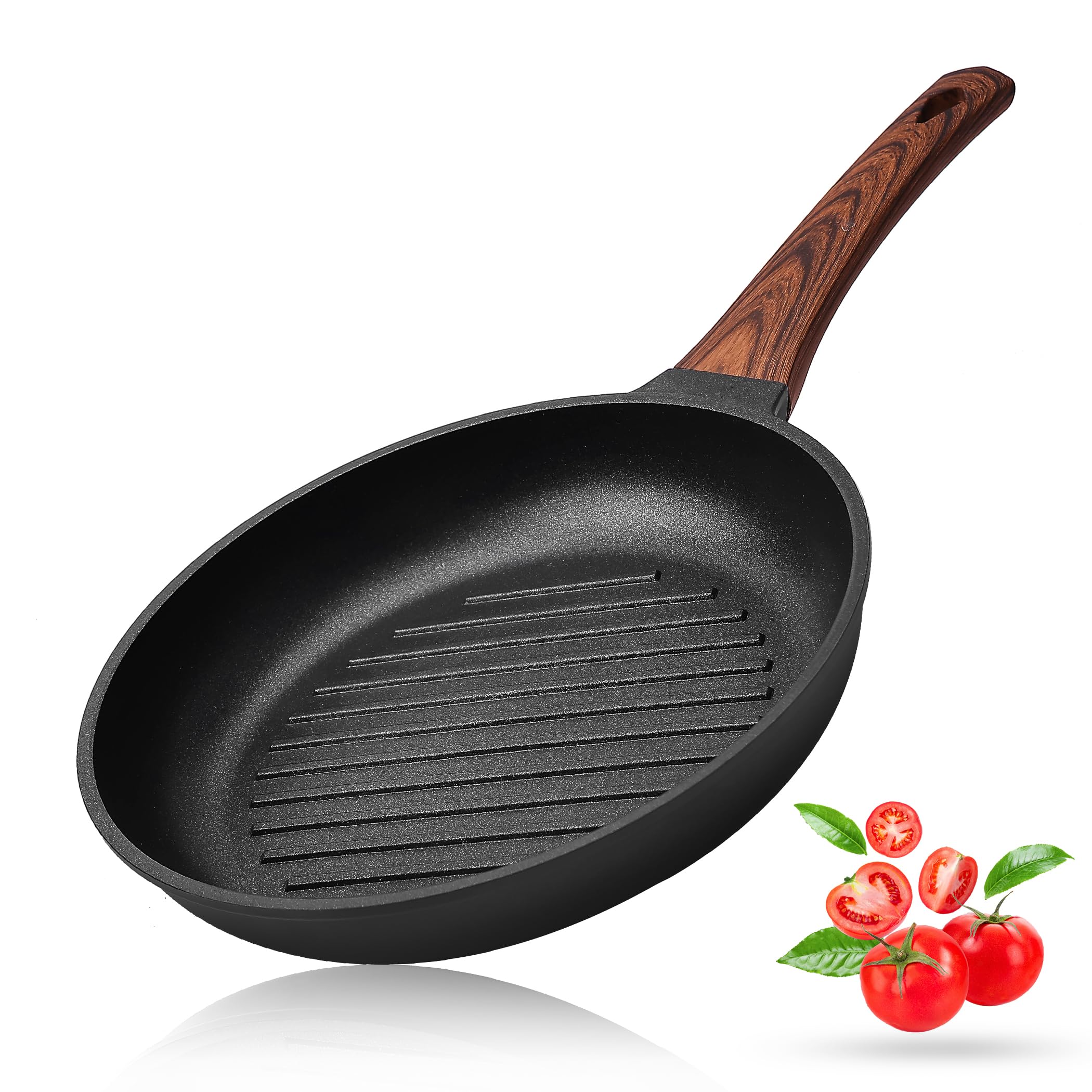 VINCHEF Non-Stick Grill Pan with Wooden Insulated Handle, 10 Inch Griddle Pan Indoor Stove Top Cast Aluminum,Frying Pan with Grill Strip.