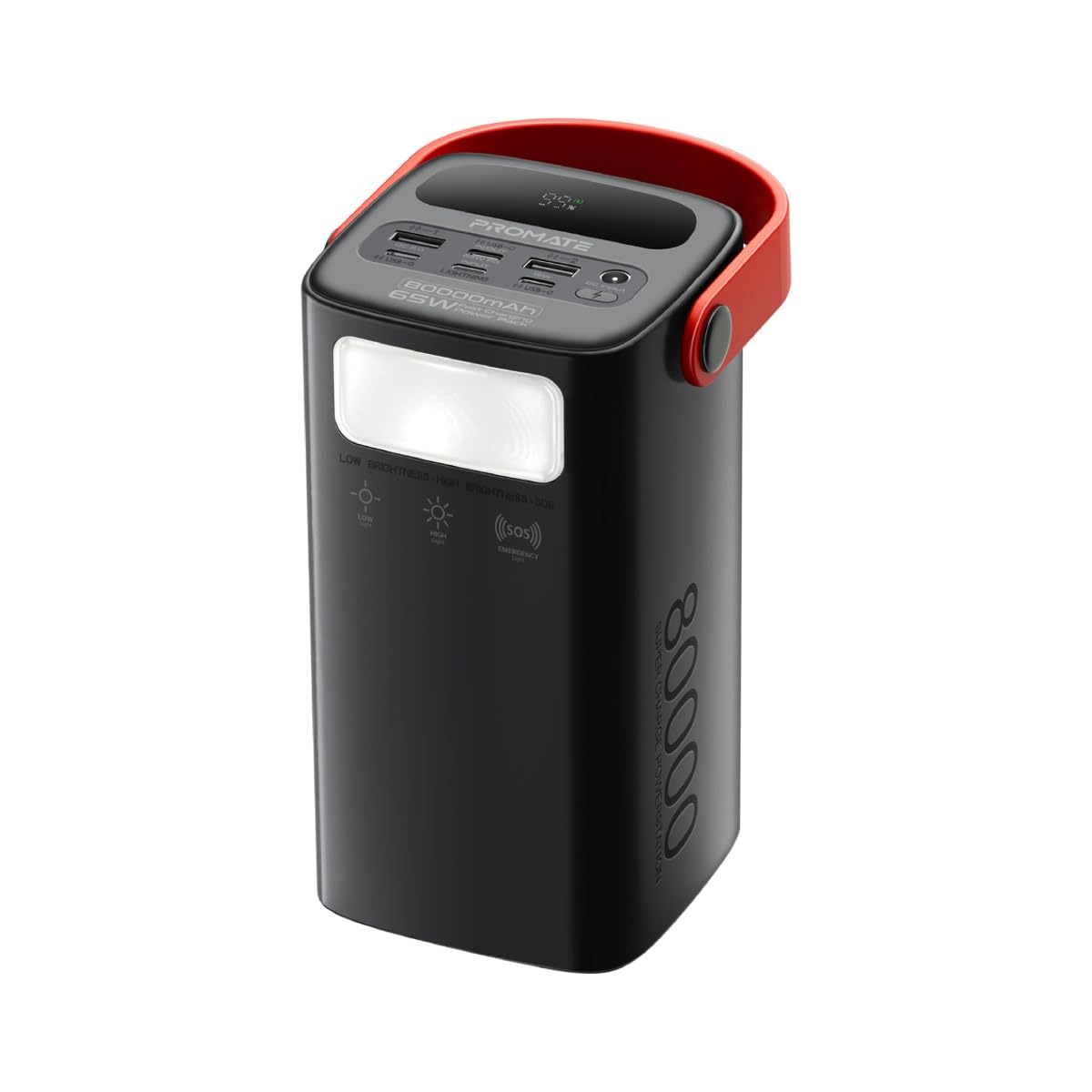 پاور بانک Promate iPhone 15، شارژر باطری با ظرفیت بالا 80000mAh، توان خروجی و ورودی 65W USB-C Power Delivery، پورت USB-C 15W، پورت QC 3.0 22.5W، پورت USB 15W، چراغ قوه LED برای iPhone، MacBook، PowerMine-80 مدل سیاه