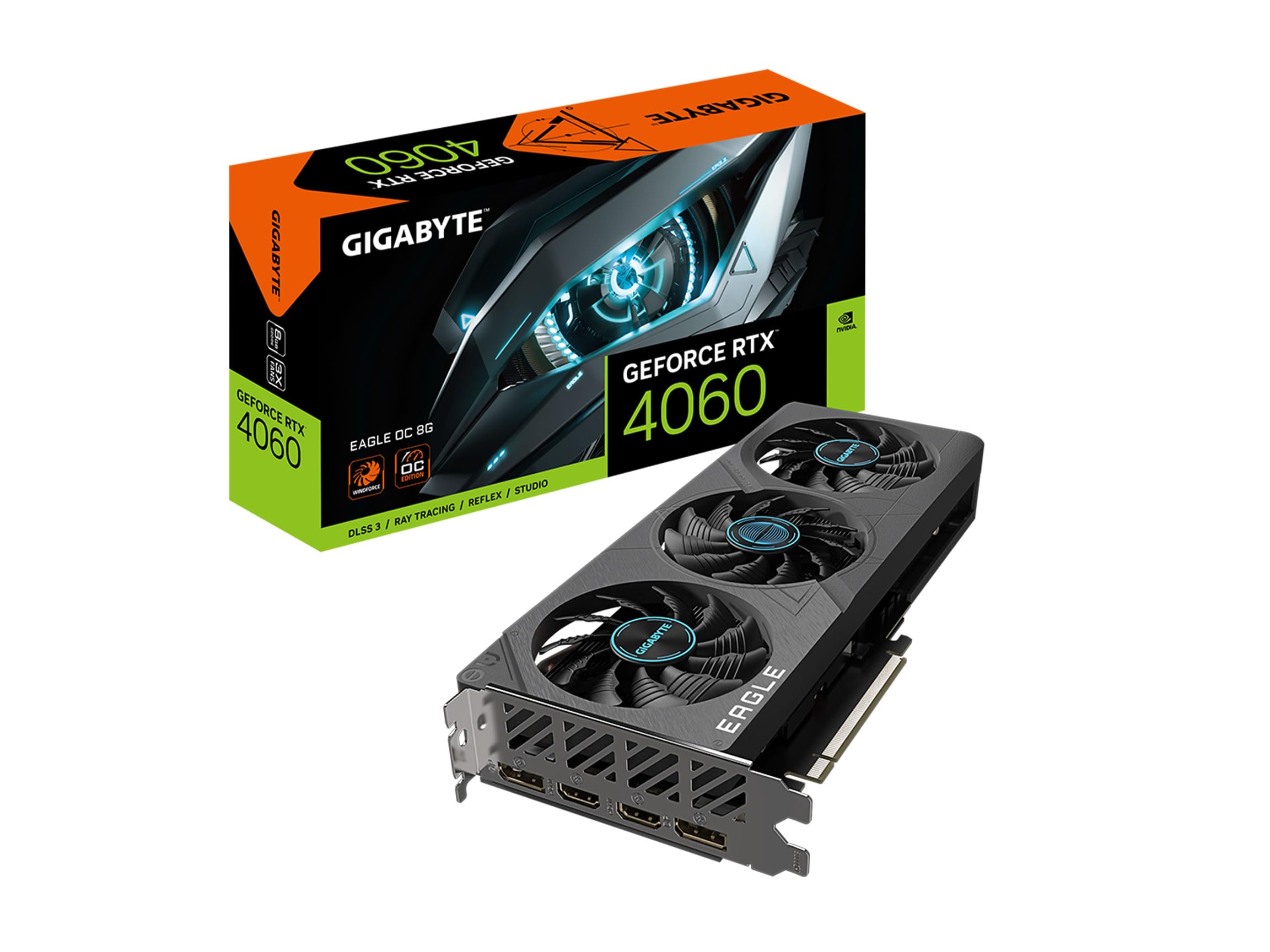 کارت گرافیک جیبایت GeForce RTX 4060 Eagle OC 8G، دارای 3 فن ویندفورس، 8 گیگابایت 128 بیت GDDR6، کارت ویدیو GV-N4060EAGLE OC-8GD