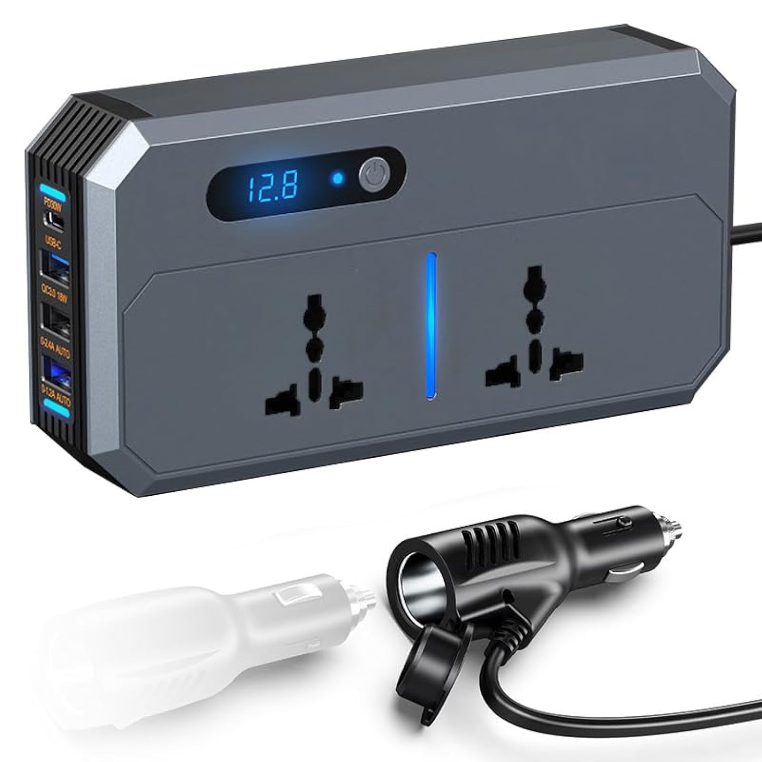 تبدیل برق خودرو FOKKAH 200W، تبدیل کننده خودرو DC 12/24V به AC 220V، شارژر آداپتور خودرو با 3 پورت USB و 1 پورت Type-C، با سوئیچ و صفحه نمایش LED جریان (خاکستری)