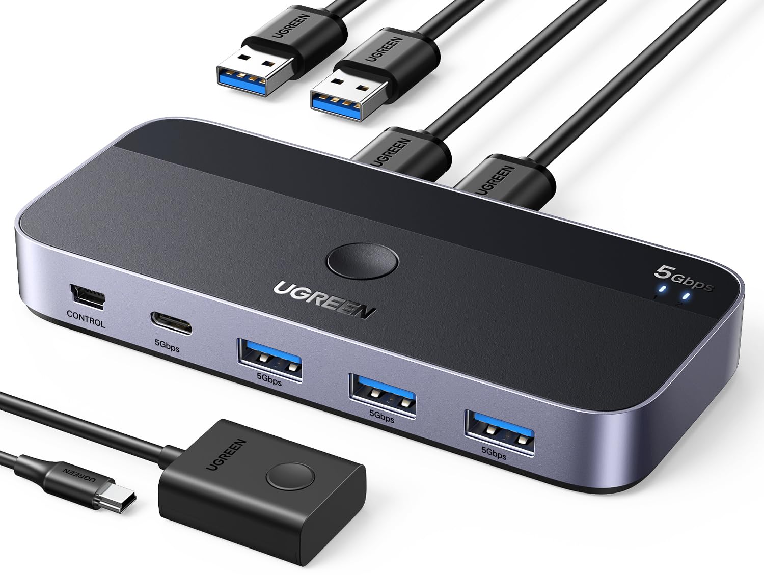 سوئیچ انتخاب کننده USB 3.0 UGREEN 2 به 4، 2 کامپیوتر به اشتراک گذاری 4 دستگاه تقسیم کننده (1× USB C و 3× USB A) سوئیچر KVM برای به اشتراک گذاشتن کیبورد، موس، چاپگر، اسکنر با هاب سوئیچ و 2 عدد کابل USB و ریموت سری رنگ خاکستری