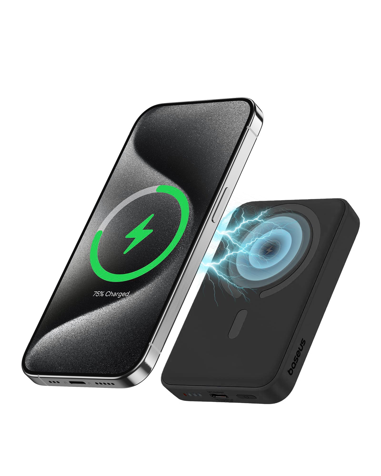 Baseus Magnetic Mini Wireless Power Bank, 20W Fast Charge, 20000mAh Portable Charger with MagSafe Compatibility, 15W Wireless Charging, Type-C Input/Output and LED Display – Ideal for iPhone 16 & More 20000mAh-20W Black