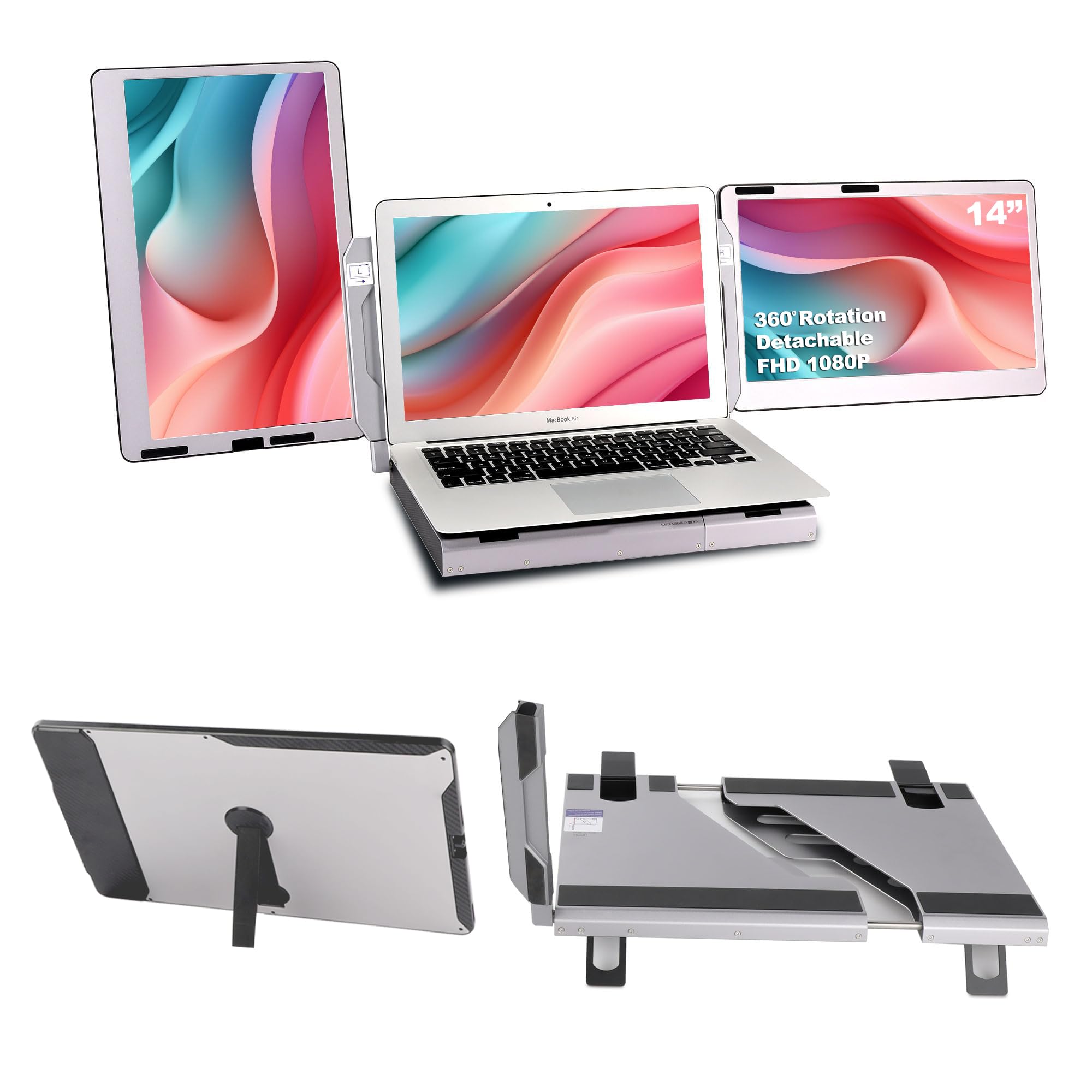 تاشوت Alecewey F2: F2 Laptop Screen Extender Monitor Triple Portable Monitor for Laptop 14 Inch Full Angle with Adjustable Stand Laptop Monitor Extender Plug and Play Type-C/HDMI for Windows, Mac Triple Monitor