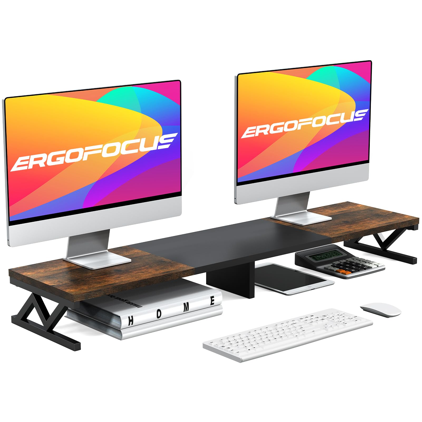پایه نگهدارنده دوگانه ErgoFocus ، نگهدارنده بزرگ چوبی مانیتور برای ۲ مانیتور، لیفتراک مانیتور دارای ظرفیت ذخیره‌سازی برای میز، پایه چند صفحه ای چوبی و فولادی مستحکم، نگهدارنده مانیتور سازماندهی شده، مانیتور نگهدارنده مرکزی برای رایانه