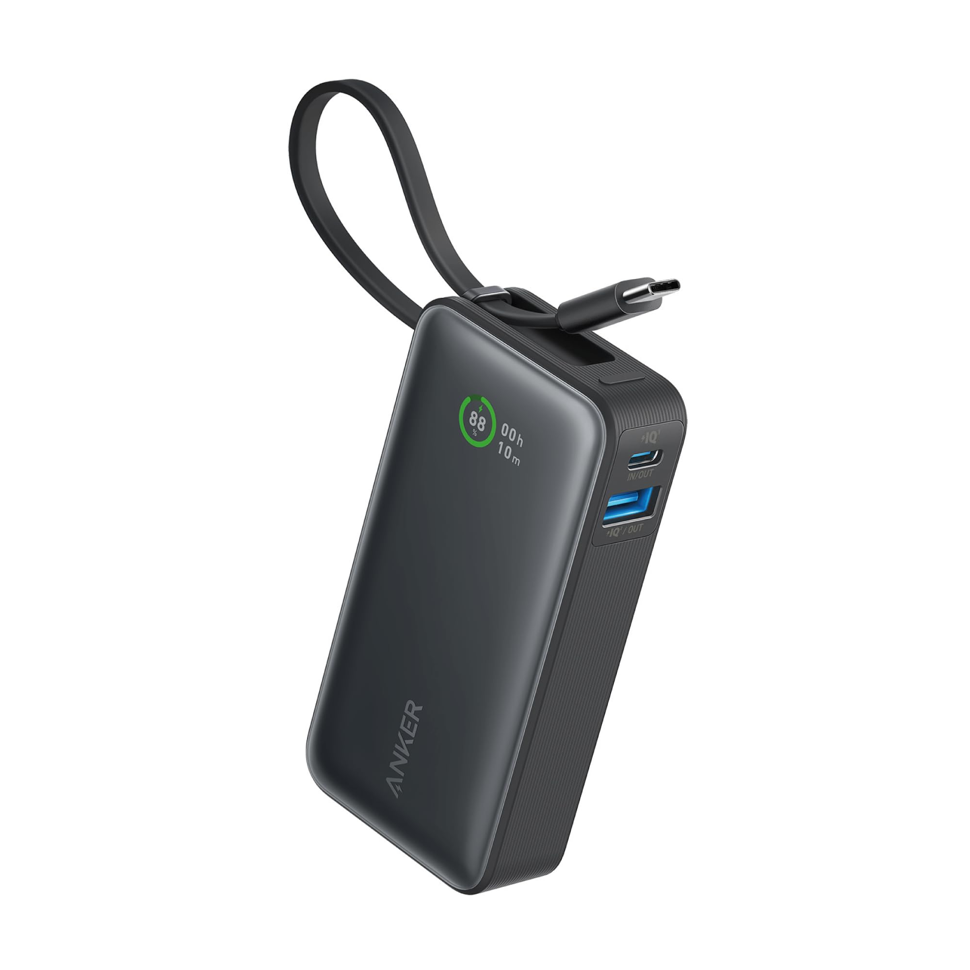 پاوربانک Anker Nano، شارژر قابل حمل 10000mAh با کابل USB-C داخلی، خروجی 30 وات PD با 1 عدد USB-C، 1 عدد USB-A، باتری شارژ سریع برای آیفون سری 16/15، سامسونگ، هواوی، شیائومی، آیپد، ویوو، رنگ مشکی