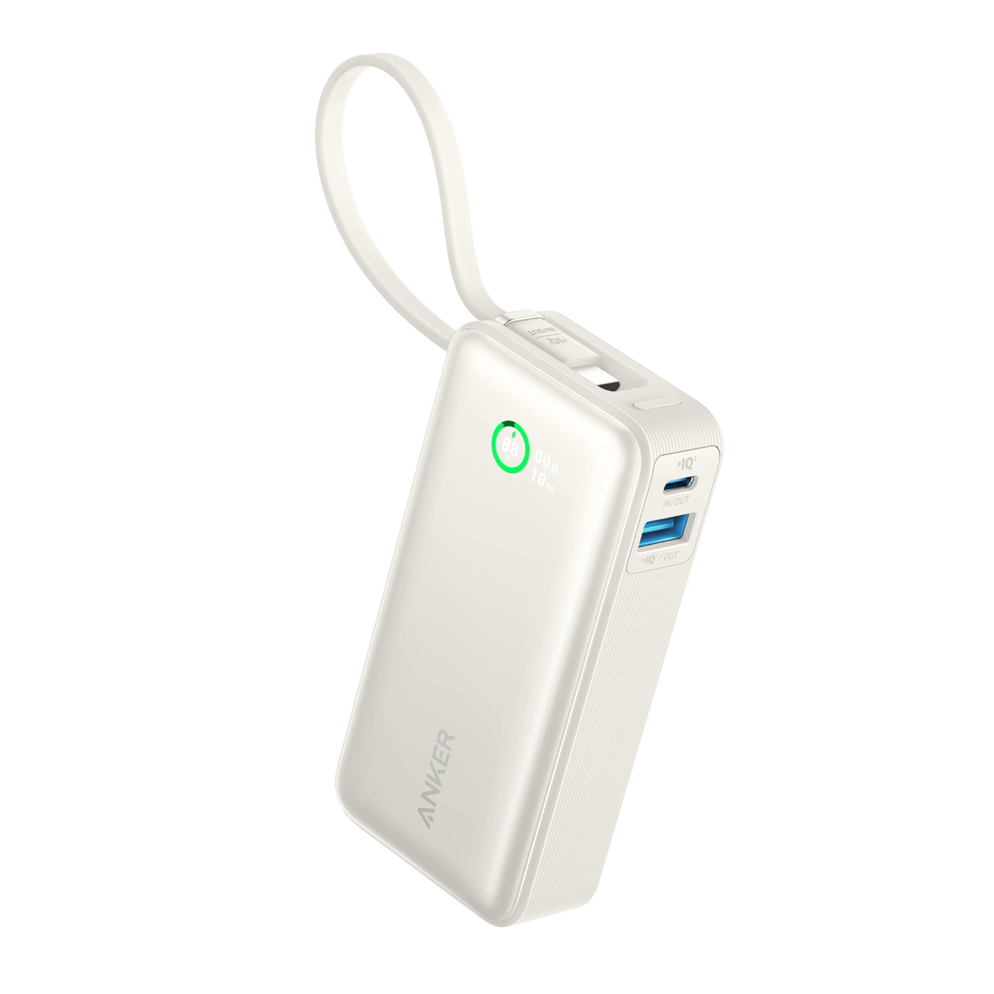 پاور بانک Anker Nano، شارژر قابل حمل 10،000 میلی آمپر با کابل USB-C داخلی، شارژ 30 وات، خروجی حداکثر 30 وات با USB-C و A، برای سری آیفون 16/17، مک بوک، گلکسی، ایرپاد و دیگر دستگاه‌ها، رنگ سفید