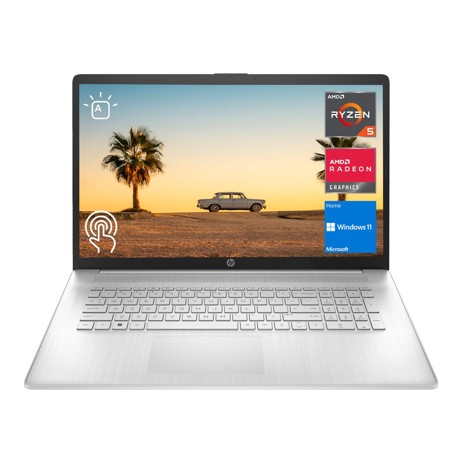 لپ تاپ جدید HP سال 2023، با صفحه نمایش لمسی 17.3 اینچی HD+، پردازنده AMD Ryzen 5 7530U (قوی‌تر از i7-1165G7)، 16GB RAM، 512GB SSD، Wi-Fi 6، پورت HDMI، صفحه کلید با نور پس‌زمینه، وب‌کم، ویندوز 11 Home، رنگ نقره‌ای، لوازم جانبی KKE