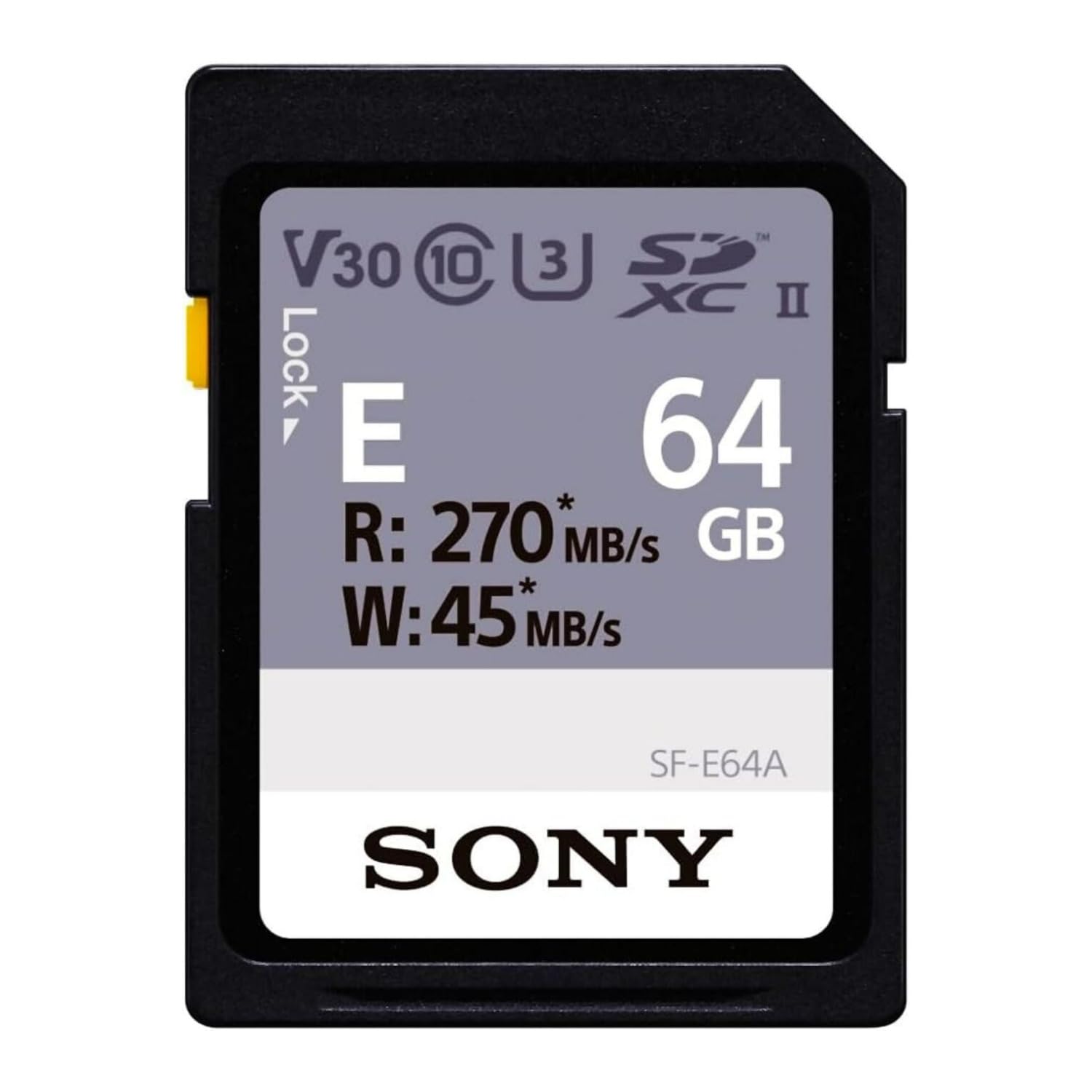 کارت حافظه Sony E Series SDXC UHS-II 64GB، V30، CL10، U3، حداکثر سرعت خواندن 270 مگابایت بر ثانیه، نوشتن 45 مگابایت بر ثانیه (SF-E64/A)