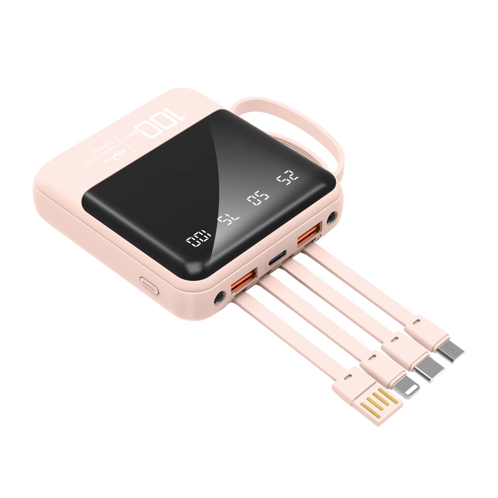 شارژر موبایل 10000mAh با کابل های داخلی و چراغ قوه، باتری خارجی، سازگار با آیفون، سامسونگ، گوگل، ال‌جی، آیپد و دیگر دستگاه ها (صورتی)