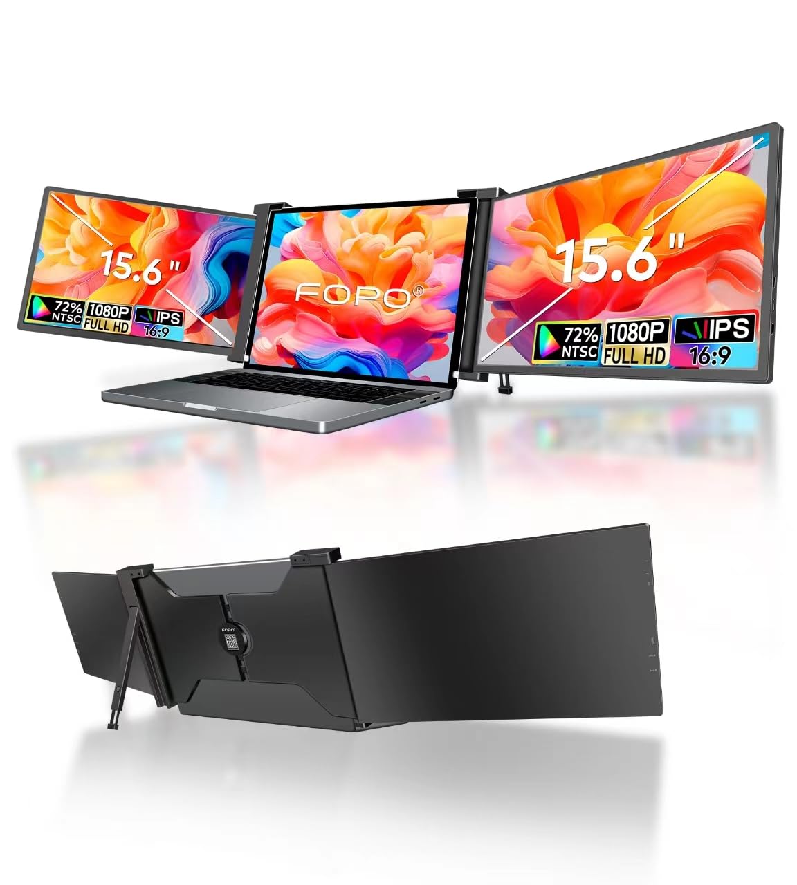 مانیتور قابل حمل FOPO 15.6 اینچی با سه صفحه نمایش برای لپ تاپ، رزولیشن Full HD 1080P IPS برای لپ تاپ‌های 15.6-19 اینچی، افزایش دهنده صفحه نمایش لپ تاپی به صورت پلاگ اند پلی، با پورت USB-C و HDMI، با 100% تغطیه رنگی sRGB و 300 نیت نور، قابلیت استفاده به عنوان دو صفحه نمایش برای ویندوز و مک، رنگ مشکی 15.6 اینچی