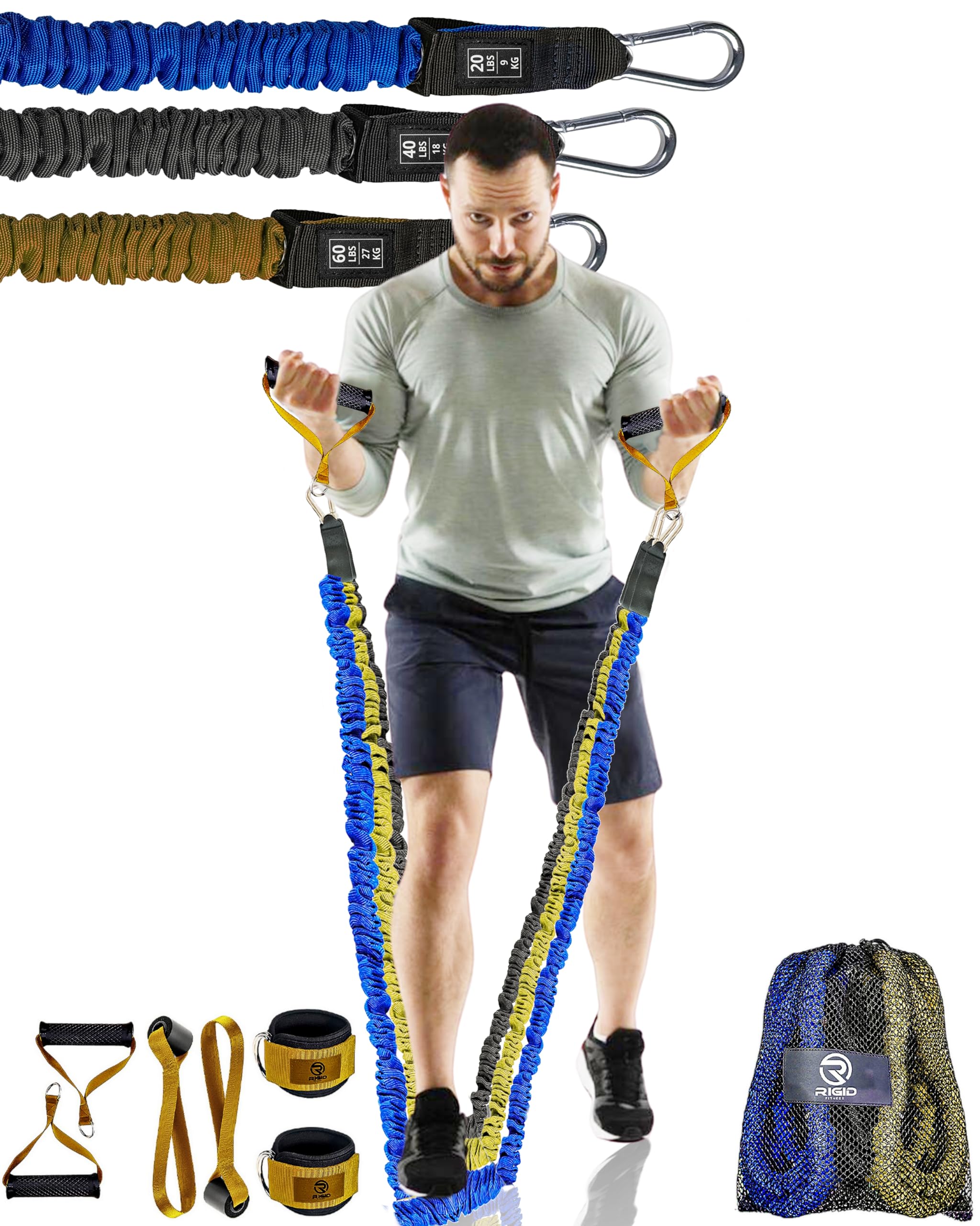 مجموعه باندهای مقاومت RIGID FITNESS - باندهای تمرین با دسته ها، آنچورهای درب، بندهای پا و کف پا - باندهای الاستیک برای تمرین و تقویت عضلات - مجموعه باندهای توانایی با کیسه حمل برای تمرین در خانه