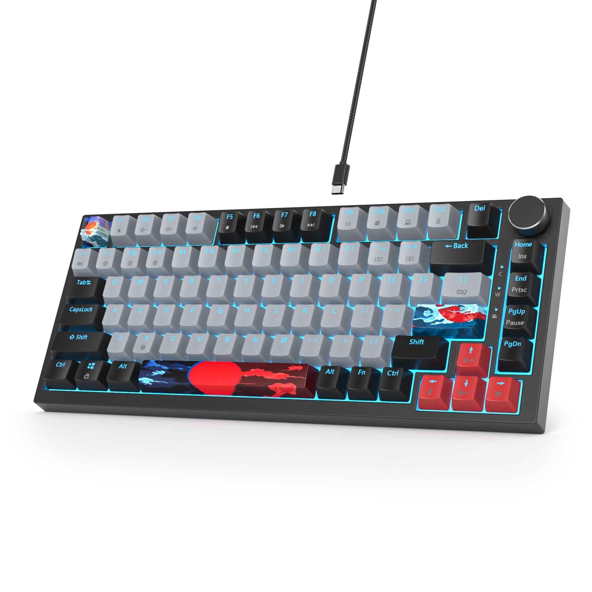 صفحه کلید بازی مکانیکی سیمی SOLIDEE 75٪، صفحه کلید مکانیکی Hot-swappable با گیربکس، نورپردازی RGB، صفحه کلید مکانیکی QWERTY TKL با 82 کلید، صفحه کلید NKRO با دکمه چرخ چرخان (82 Dagger) 82 Dagger/سوئیچ قرمز