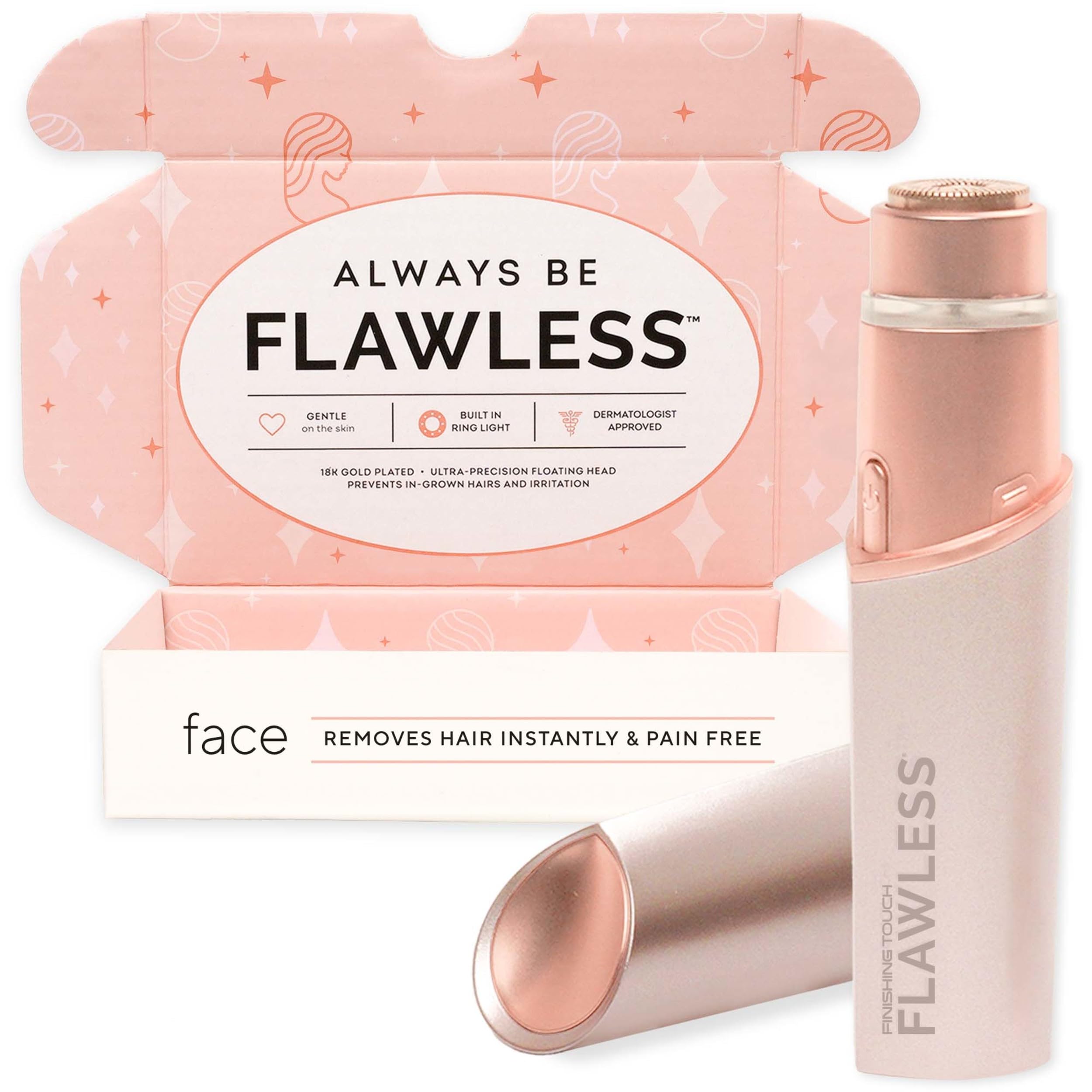 دستگاه اصلاح موی صورت Finishing Touch Flawless برای زنان، تیغه برقی صورت با چراغ LED - نسخه جدید (این محصول به اختصاص از آمازون) رزگلد، نسخه جدید دستگاه از بین برنده مو‌های زائد