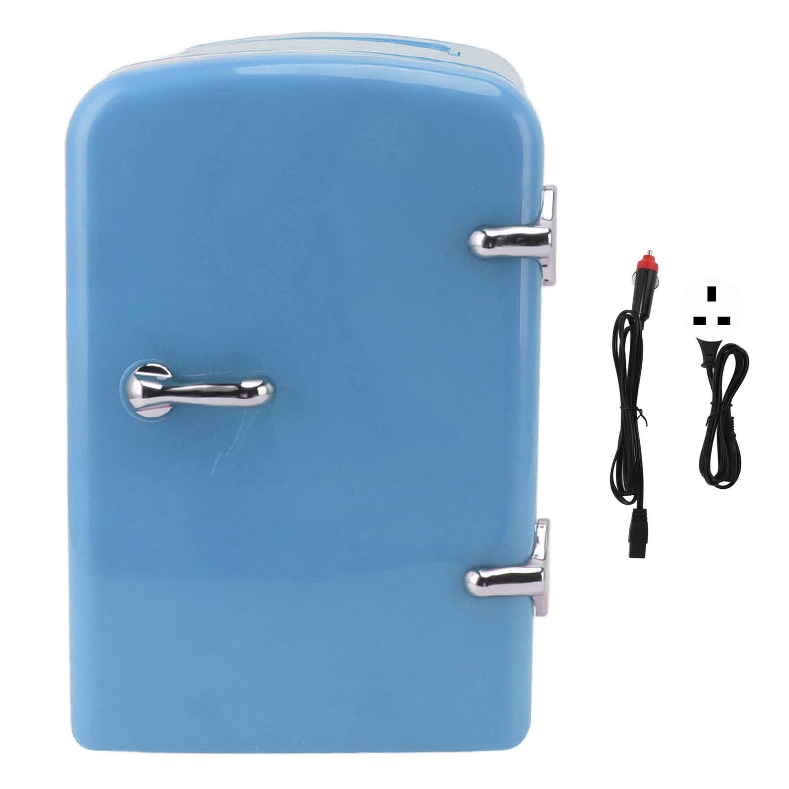 یخچال کوچک و قابل حمل Sorandy Mini، ظرفیت 4 لیتری با طراحی خنک کننده و گرم کننده، دوست محیط زیست و فرآیند دوست، شامل پلاگ ها برای پریز خانگی و خودروی ۱۲ ولت (آبی) پلاگ انگلیسی آبی