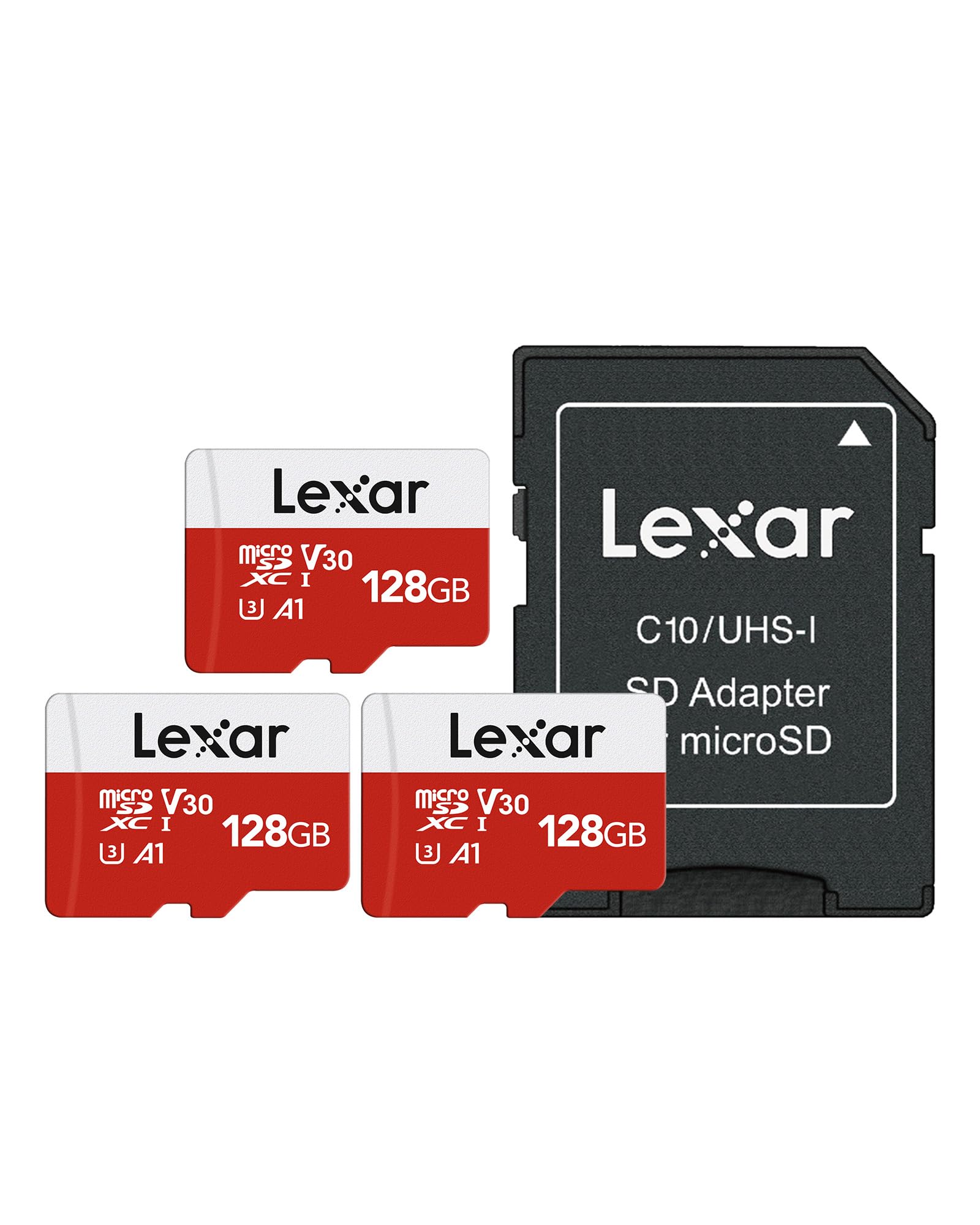 کارت حافظه Micro SD 128 گیگابایت مدل E سری Lexar - بسته 3 عدد، کارت حافظه فلش microSDXC UHS-I با آداپتور، با سرعت 100 مگابایت بر ثانیه، کلاس 10، UHS Speed Class 3، کلاس A1، کلاس سرعت V30، فول اچ‌دی، 4K اولترا اچ‌دی، کارت TF سرعت بالا 128 گیگابایت، 3 عدد