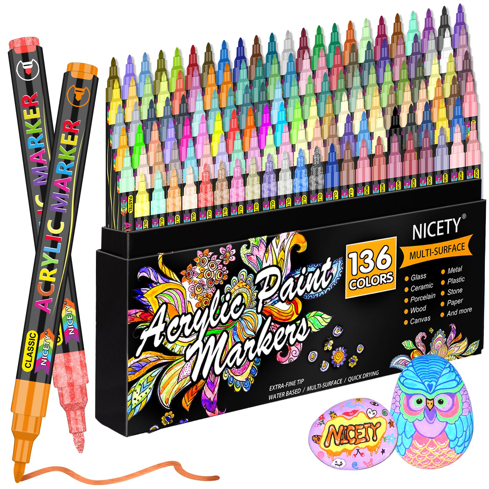 مدادهای آکریلیک NICETY برای سنگ‌ها ضدآب - 136 رنگ مختلف مالتی‌مارکر نقاشی آکریلیک برای محصولات سنگی چوب پارچه شیشه سرامیک - مدادهای رنگ آکریلیک 0.7 میلیمتری