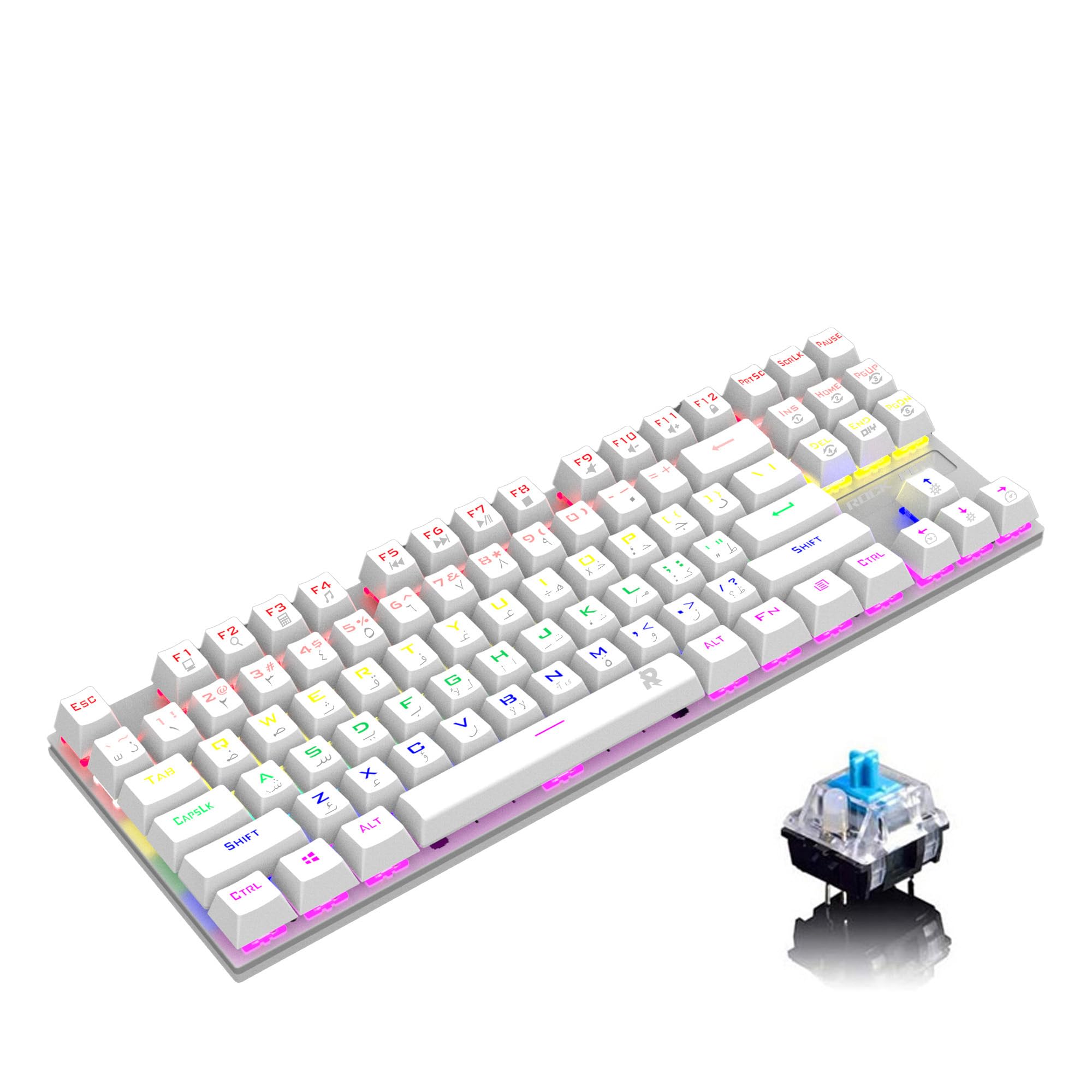 کیبورد بازی مکانیکی ROCK POW 87 کلیدی فارسی با نورپردازی RGB LED، ضد‌خش، مناسب برای گیمرهای کامپیوتری / مک، مکانیکی سفید 87 کلیدهای سفید