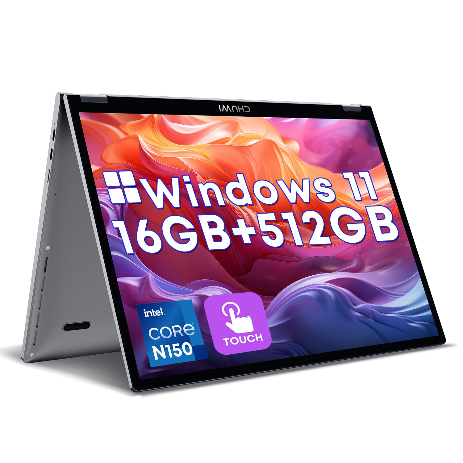 لپتاپ ۲ در ۱ CHUWI MiniBook X، Intel N150 (۳٫۶ گیگاهرتز، ۱۲ وات)، ۵۱۲ گیگابایت حافظه داخلی از نوع SSD، ۱۶ گیگابایت رم، صفحه نمایش ۱۰٫۵۱ اینچی ویندوز ۱۱ قابل تبدیل به تبلت، امکان افزایش حافظه داخلی تا ۲ ترابایت، صفحه نمایش با کیفیت تصویر ۲K FHD IPS لمسی، صفحه کلید دارای نور پس‌زمینه، وای‌فای نسخه ۶، بلوتوث نسخه ۵٫۲، رنگ خاکستری با فن‌های خنک‌کننده