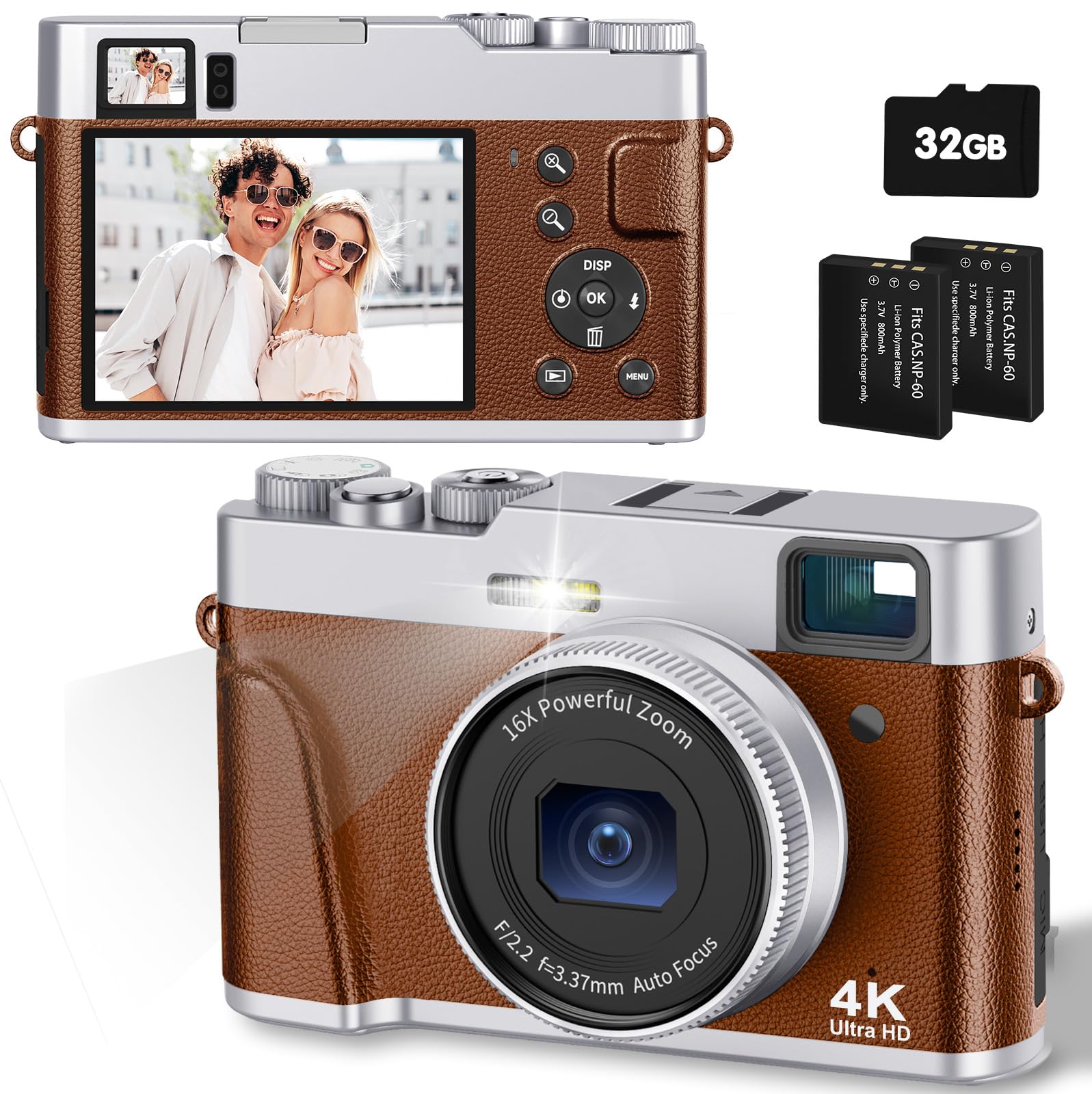 دوربین دیجیتال کوچک CAMKORY 4K 48MP برای مبتدیان با فوکوس خودکار، دیداری اپتیکال، زوم 16 برابر، فلاش آسان در استفاده، 2 باتری قابل شارژ قهوه‌ای + کارت 32 گیگابایت + 2 باتری
