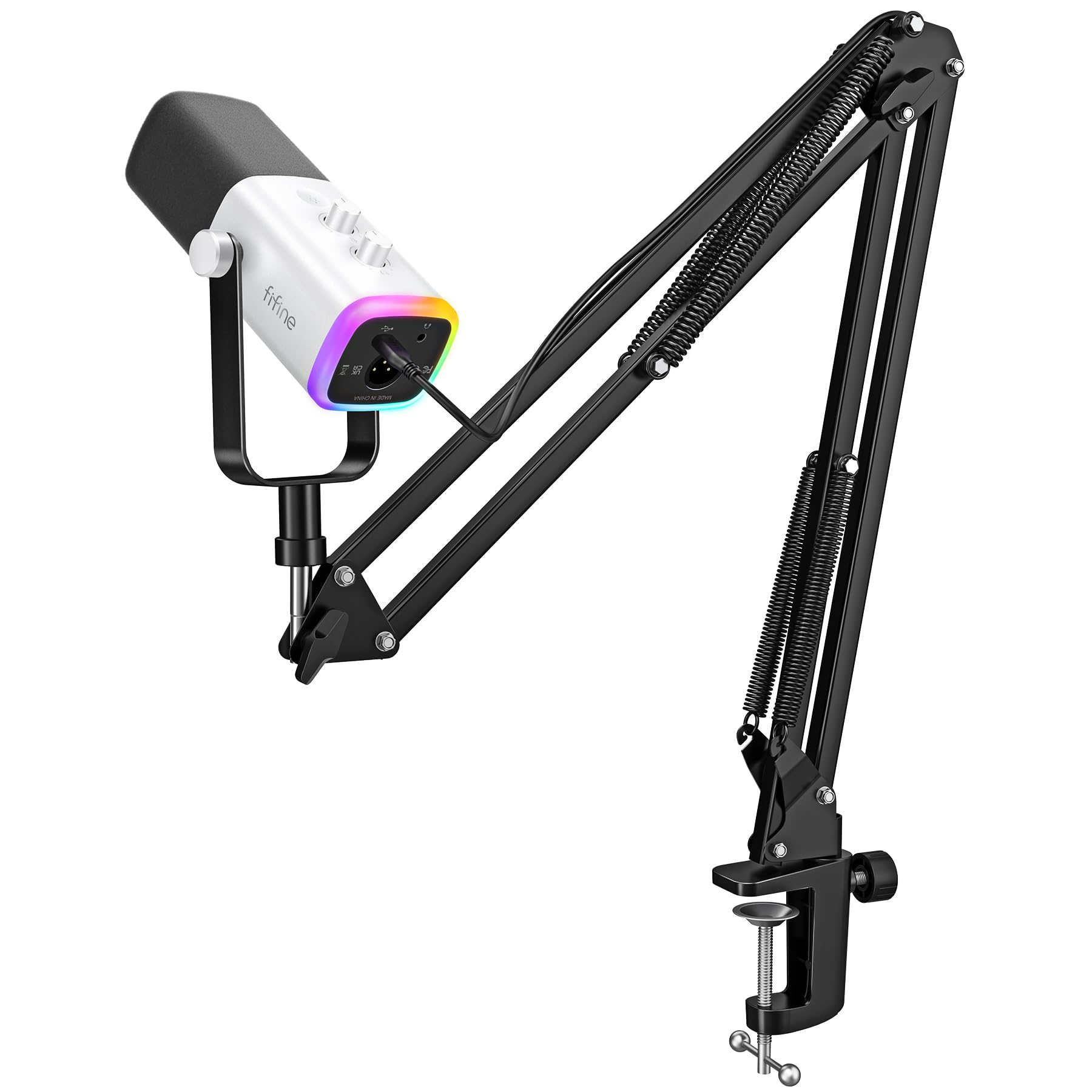 کیت میکروفون بازی FIFINE XLR/USB، مجموعه میکروفون داینامیک استریمینگ برای کامپیوتر/پلی‌استیشن 5، میکروفون کامپیوتر برای ضبط وویس پادکست صوتی، با جک هدفون، دستگاه تنظیم گین، آرم استند - AmpliGame AM8T سفید